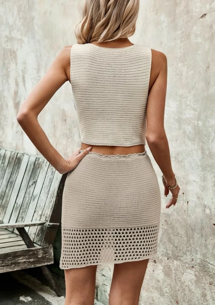 2 Piece Sets for Women Summer Crochet Hollow Out Knitted Skirt V Neck Crop Top Vest Vacation Cruise Outfits