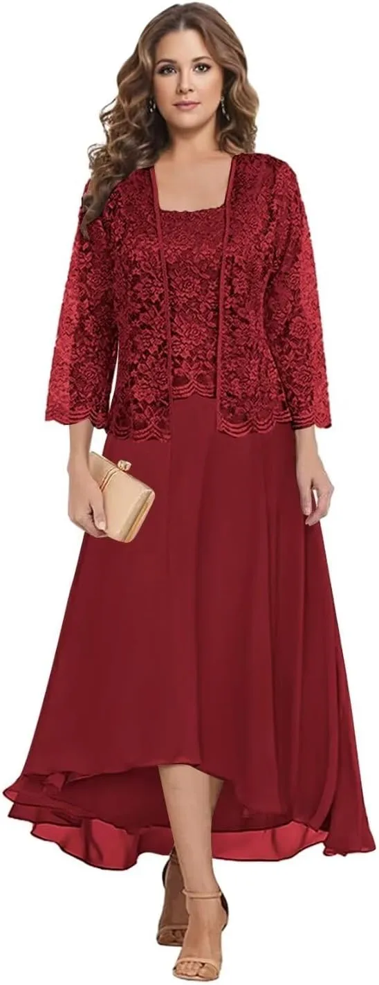 2 Pieces Mother of The Bride Dresses for Wedding Tea Length Lone Sleeve Chiffon Lace Formal Dress