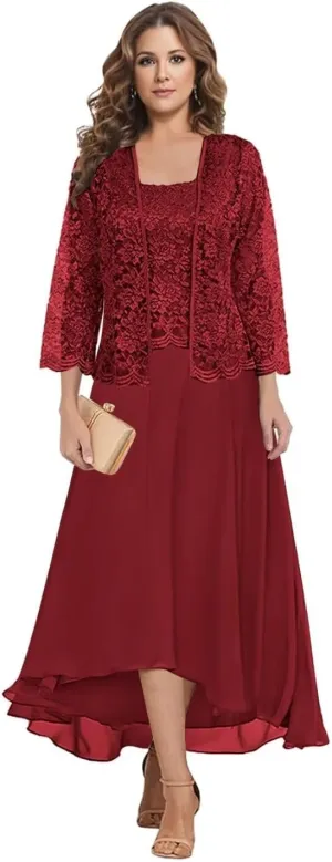 2 Pieces Mother of The Bride Dresses for Wedding Tea Length Lone Sleeve Chiffon Lace Formal Dress