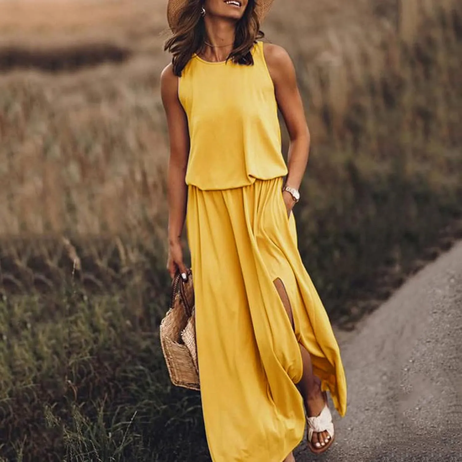 2024 Women Summer Dresses Sleeveless Casual Loose Midi Tank Dress Hide Belly Blouson Knee Length Sundress with Pockets
