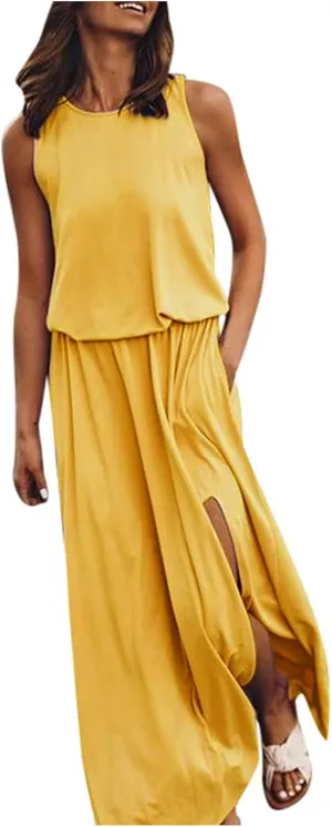 2024 Women Summer Dresses Sleeveless Casual Loose Midi Tank Dress Hide Belly Blouson Knee Length Sundress with Pockets