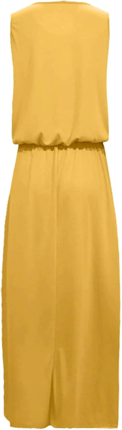 2024 Women Summer Dresses Sleeveless Casual Loose Midi Tank Dress Hide Belly Blouson Knee Length Sundress with Pockets