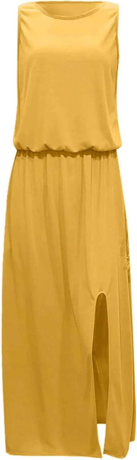 2024 Women Summer Dresses Sleeveless Casual Loose Midi Tank Dress Hide Belly Blouson Knee Length Sundress with Pockets