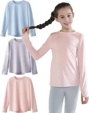 3 Pack Youth Girls Long Sleeve Shirts Active Dry Fit Athletic Performance Clothes Kids Teens Tees with Thumbholes