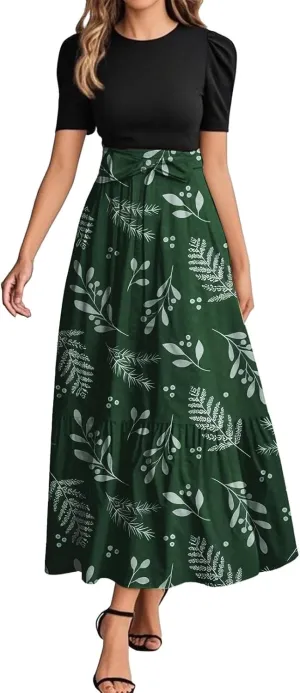 ADHOWBEW Dresses for Women 2025 Beach Casual Plus Size Trendy Flower O Neck Sexy Elegant Empire Waist Short Sleeve Dresses