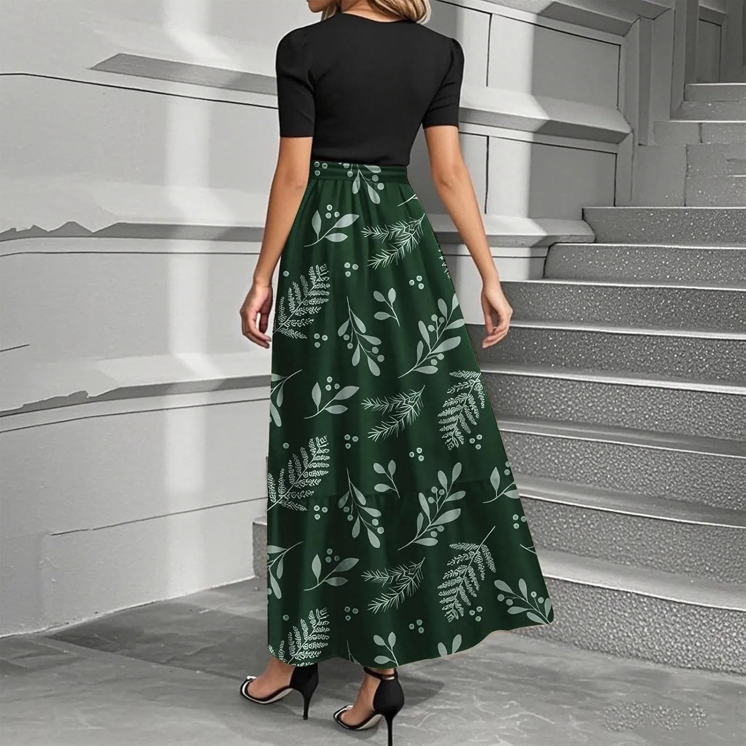 ADHOWBEW Dresses for Women 2025 Beach Casual Plus Size Trendy Flower O Neck Sexy Elegant Empire Waist Short Sleeve Dresses