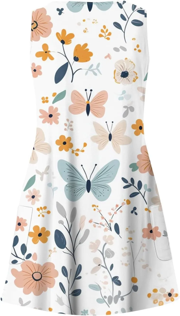 ADHOWBEW Flowy Dresses for Women Womens Beach V Neck Cute Tropical Print Sexy Hawaiian Sleeveless Tank Dresses