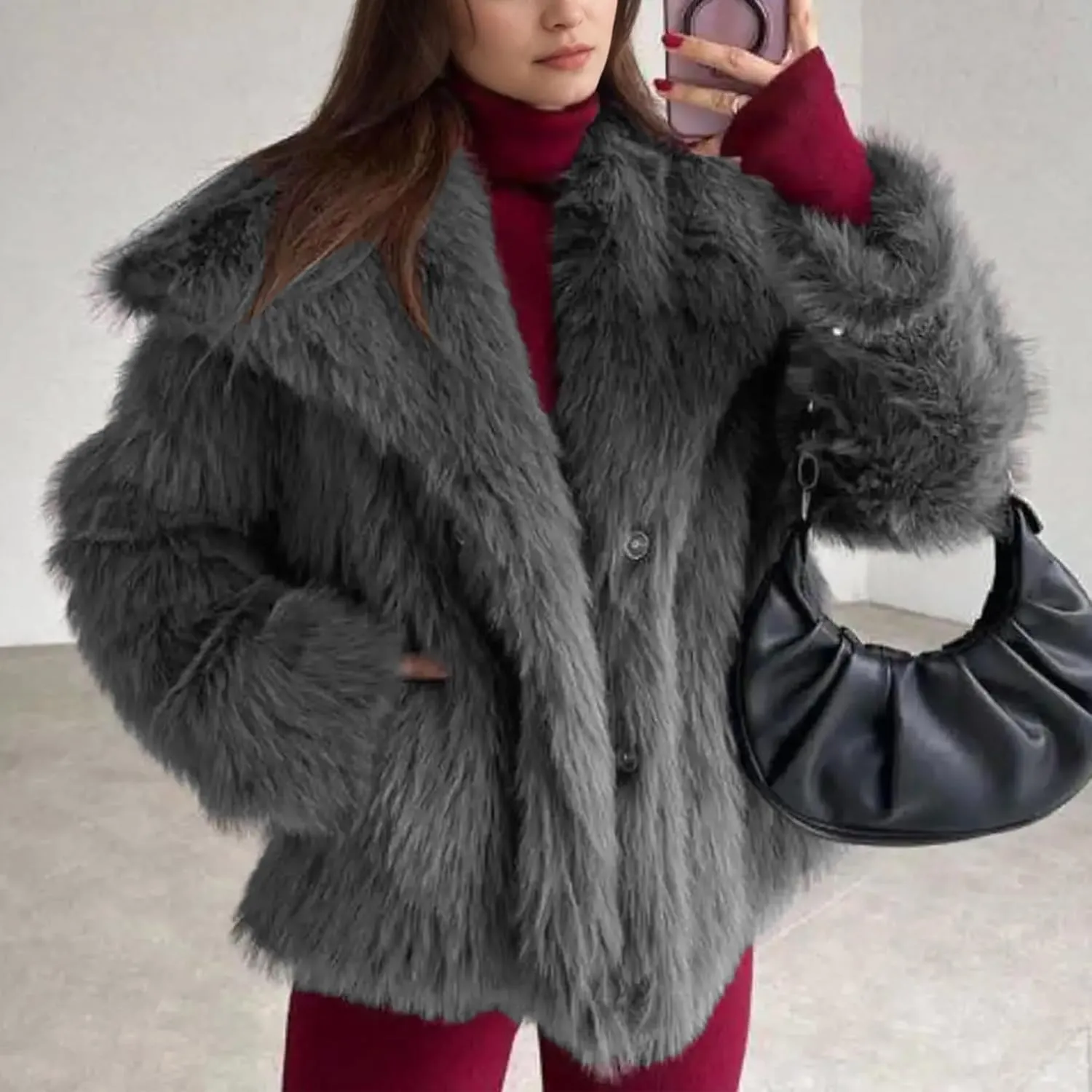 Ainangua Womens Faux Fur Coat Shaggy Oversized Lapel Button Fuzzy Ladies Jackets Warm Winter Outfits