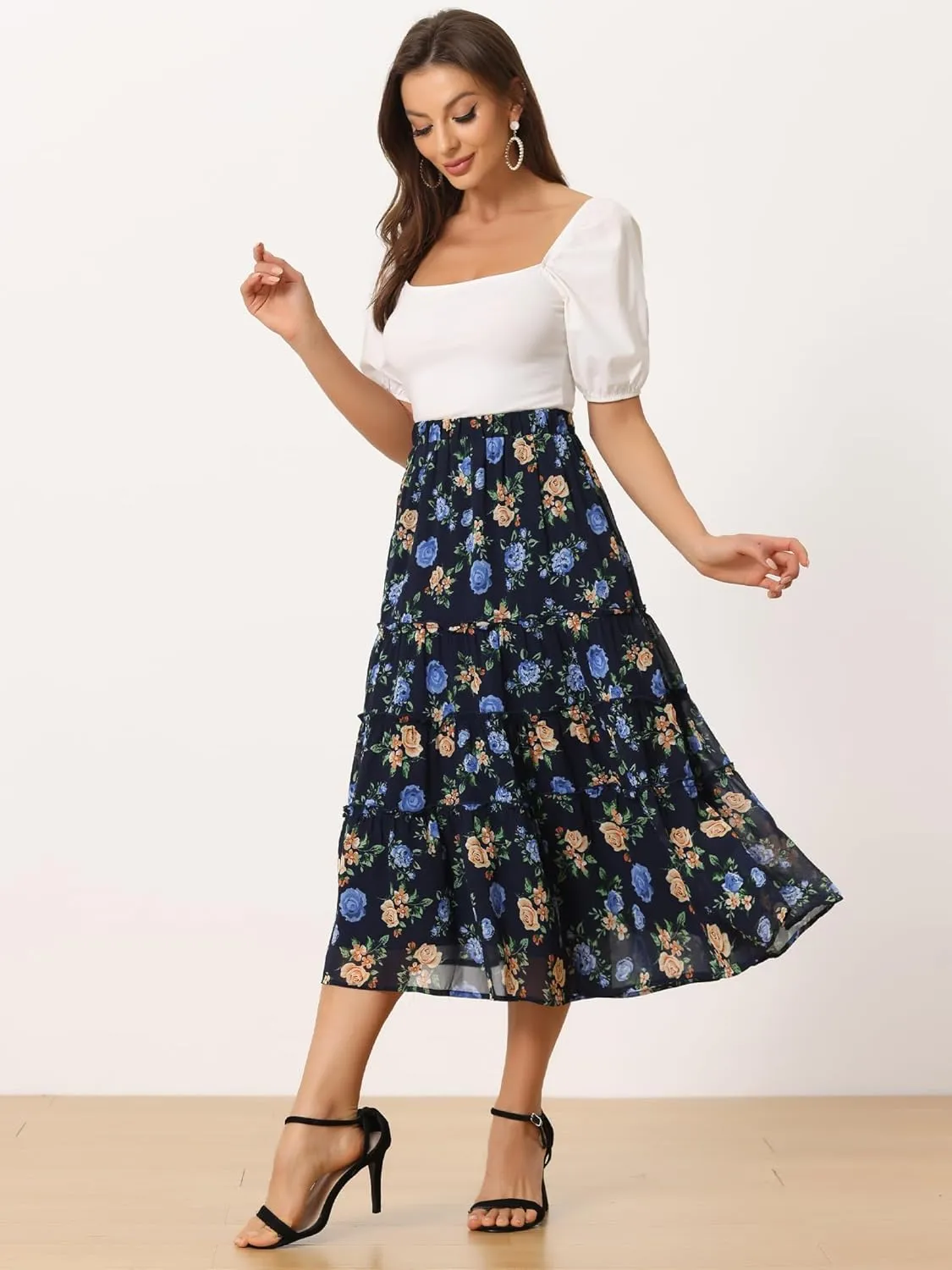 Allegra K Women's Floral Skirts Chiffon A-line Long Tiered Ruffle Boho Midi Skirt XS-3XL