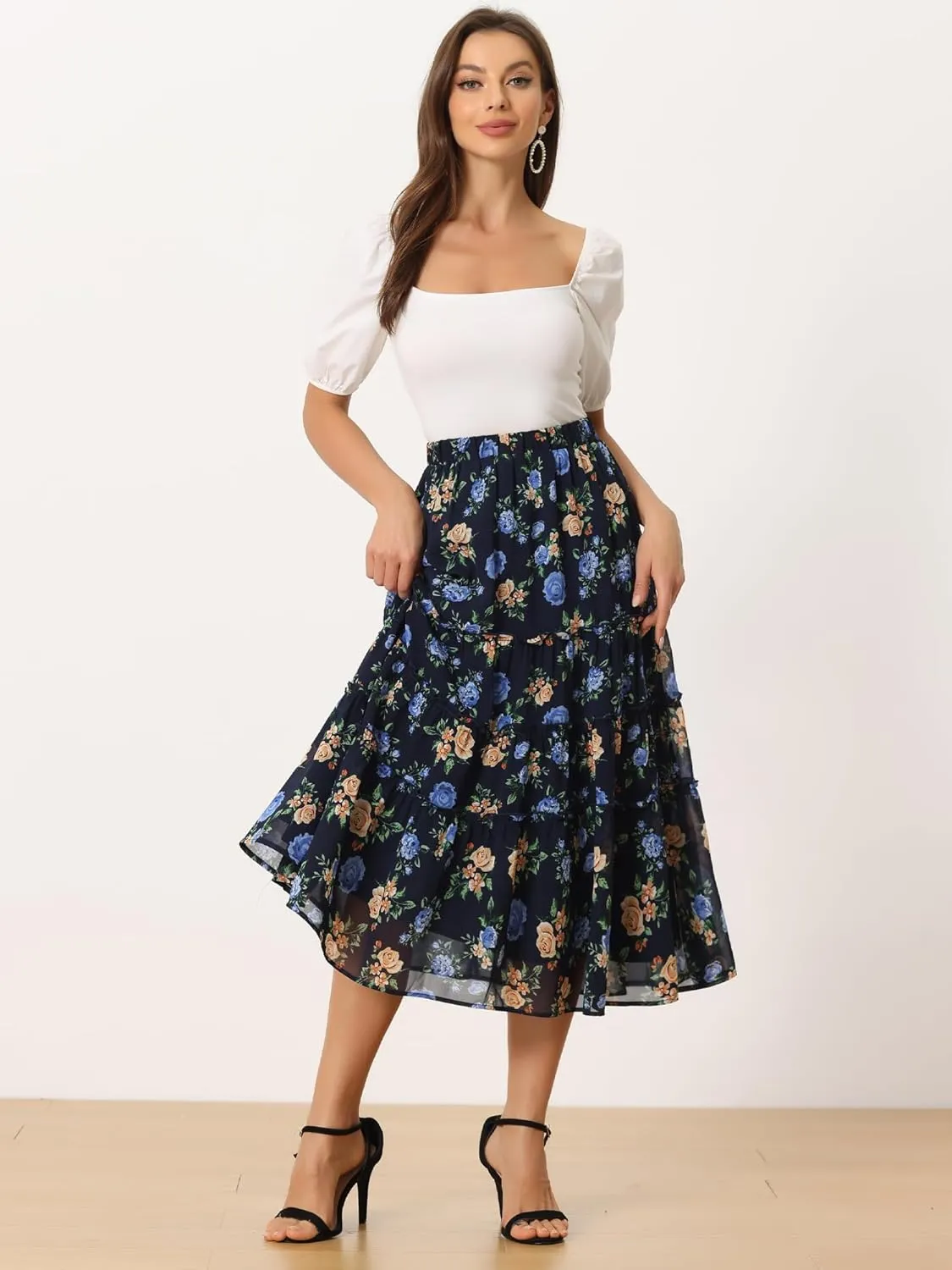 Allegra K Women's Floral Skirts Chiffon A-line Long Tiered Ruffle Boho Midi Skirt XS-3XL