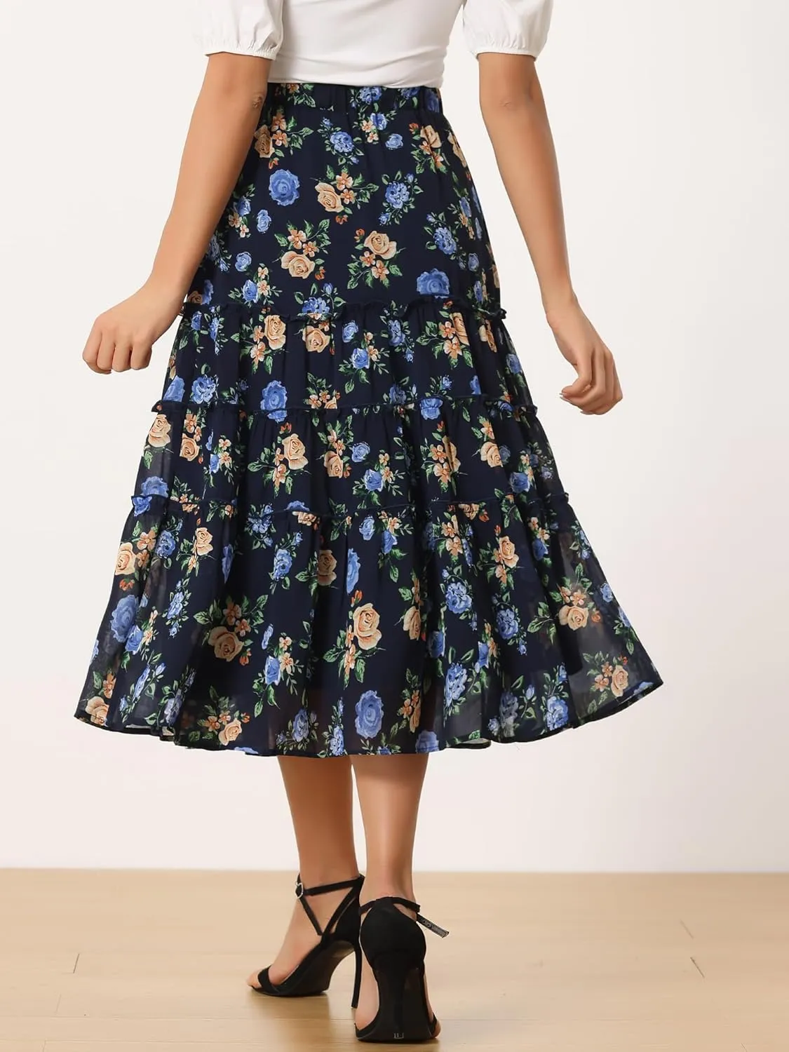Allegra K Women's Floral Skirts Chiffon A-line Long Tiered Ruffle Boho Midi Skirt XS-3XL