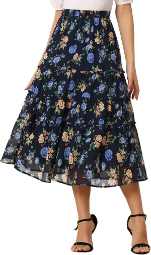 Allegra K Women's Floral Skirts Chiffon A-line Long Tiered Ruffle Boho Midi Skirt XS-3XL