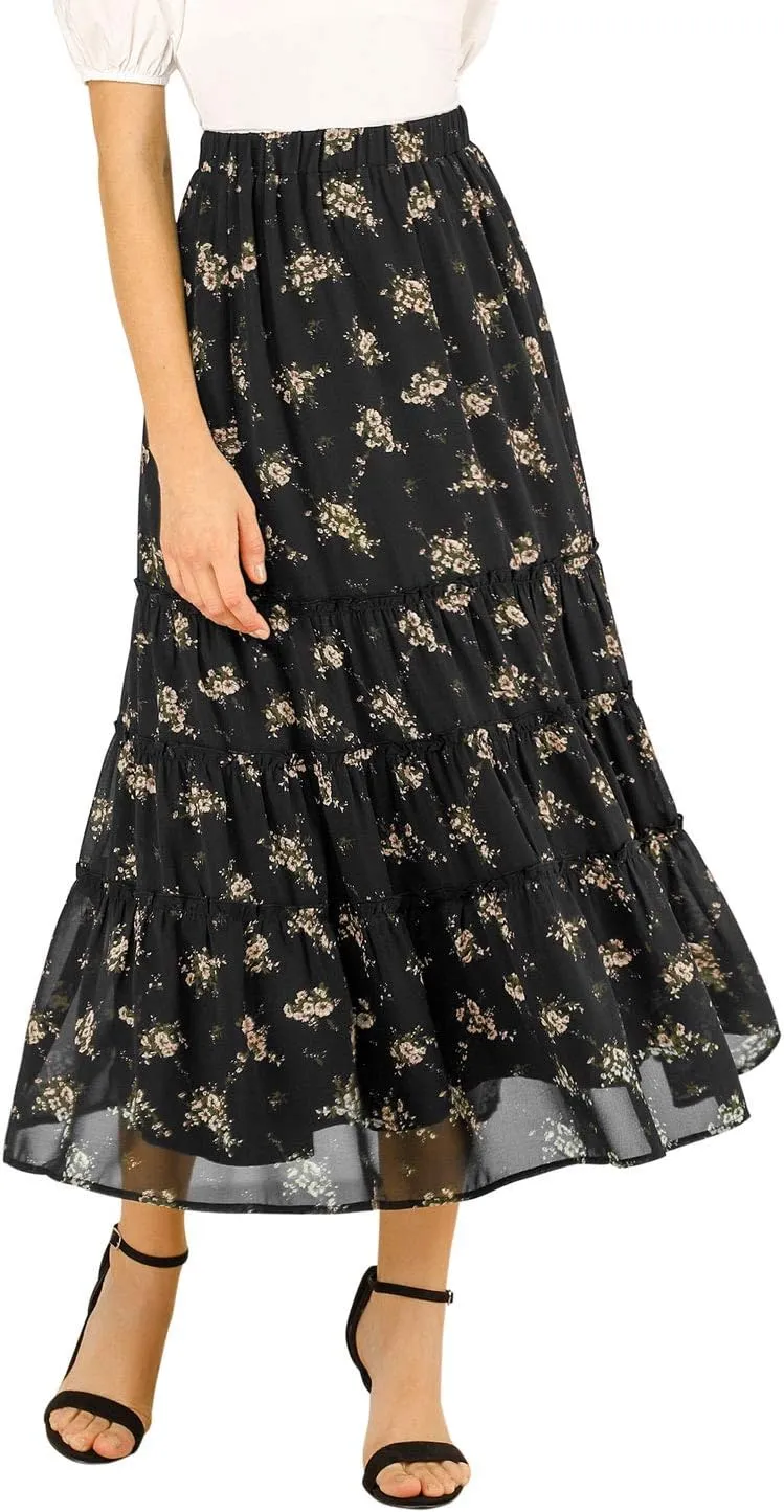 Allegra K Women's Floral Skirts Chiffon A-line Long Tiered Ruffle Boho Midi Skirt XS-3XL