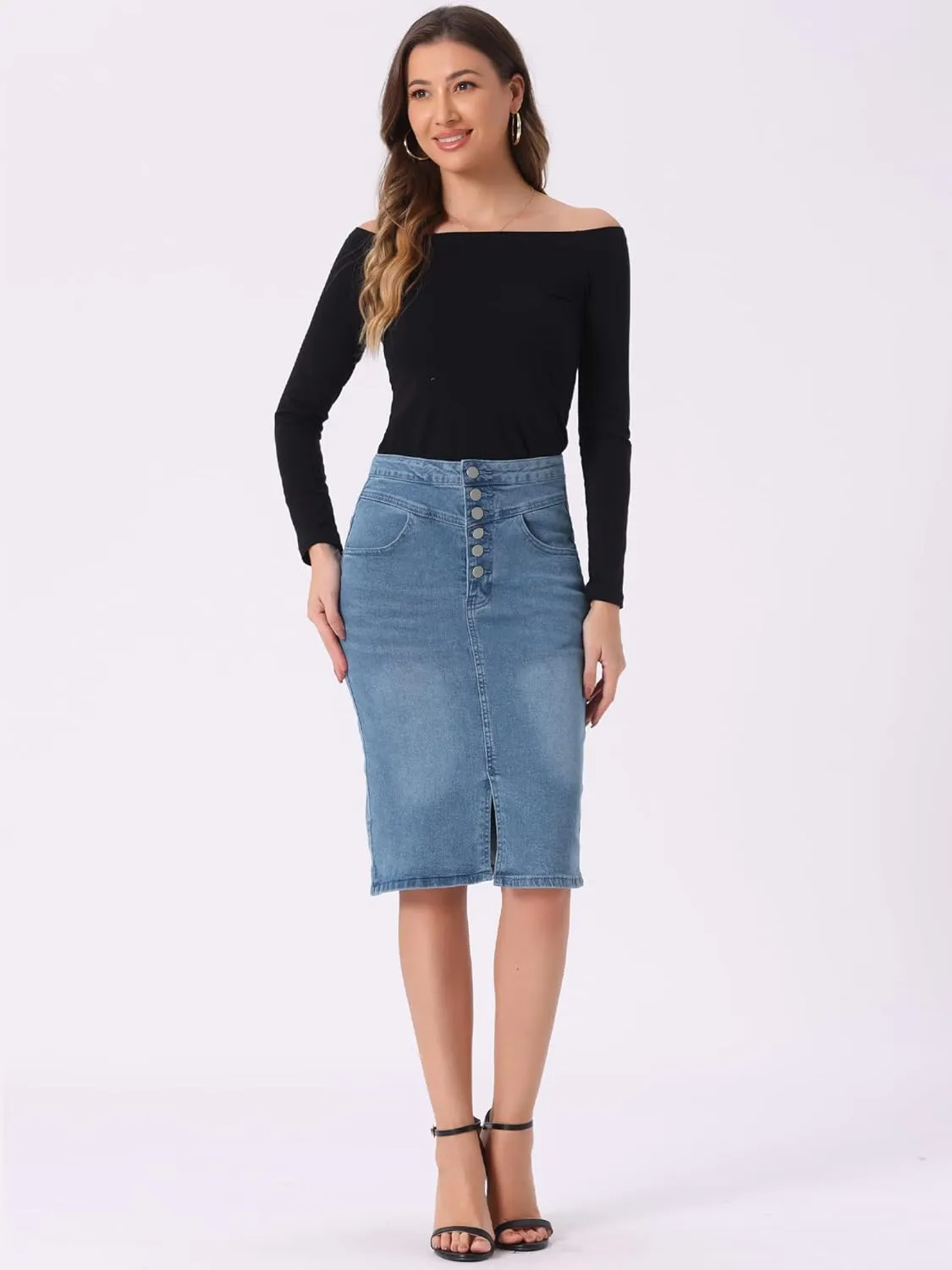 Allegra K Women's Jean Skirts Split Casual High Waist Bodycon Denim Pencil Skirt