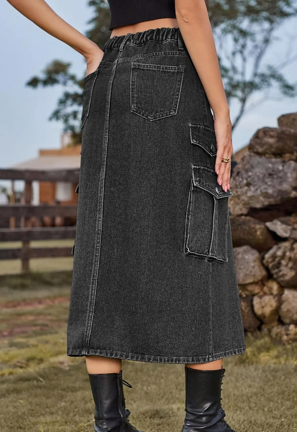 Atditama Women's Twill Cotton Multi-Pocket Cargo Skirt High Rise Elastic Waist Long Denim Skirt with Pockets