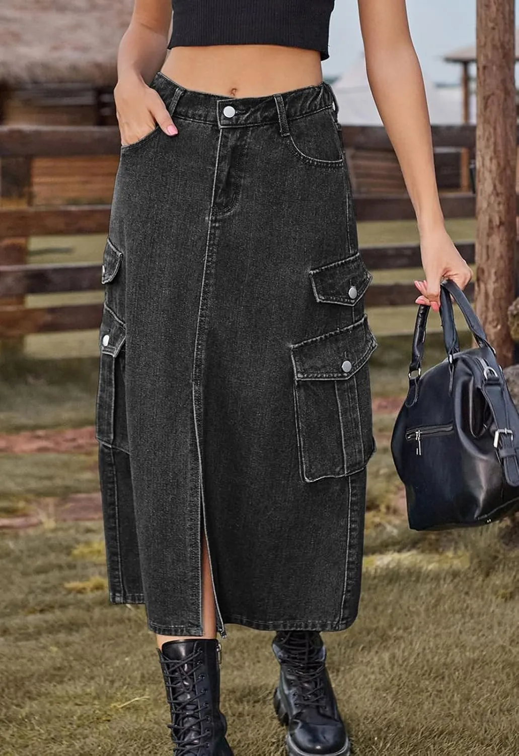 Atditama Women's Twill Cotton Multi-Pocket Cargo Skirt High Rise Elastic Waist Long Denim Skirt with Pockets