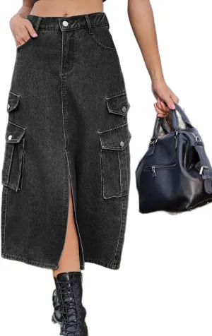Atditama Women's Twill Cotton Multi-Pocket Cargo Skirt High Rise Elastic Waist Long Denim Skirt with Pockets