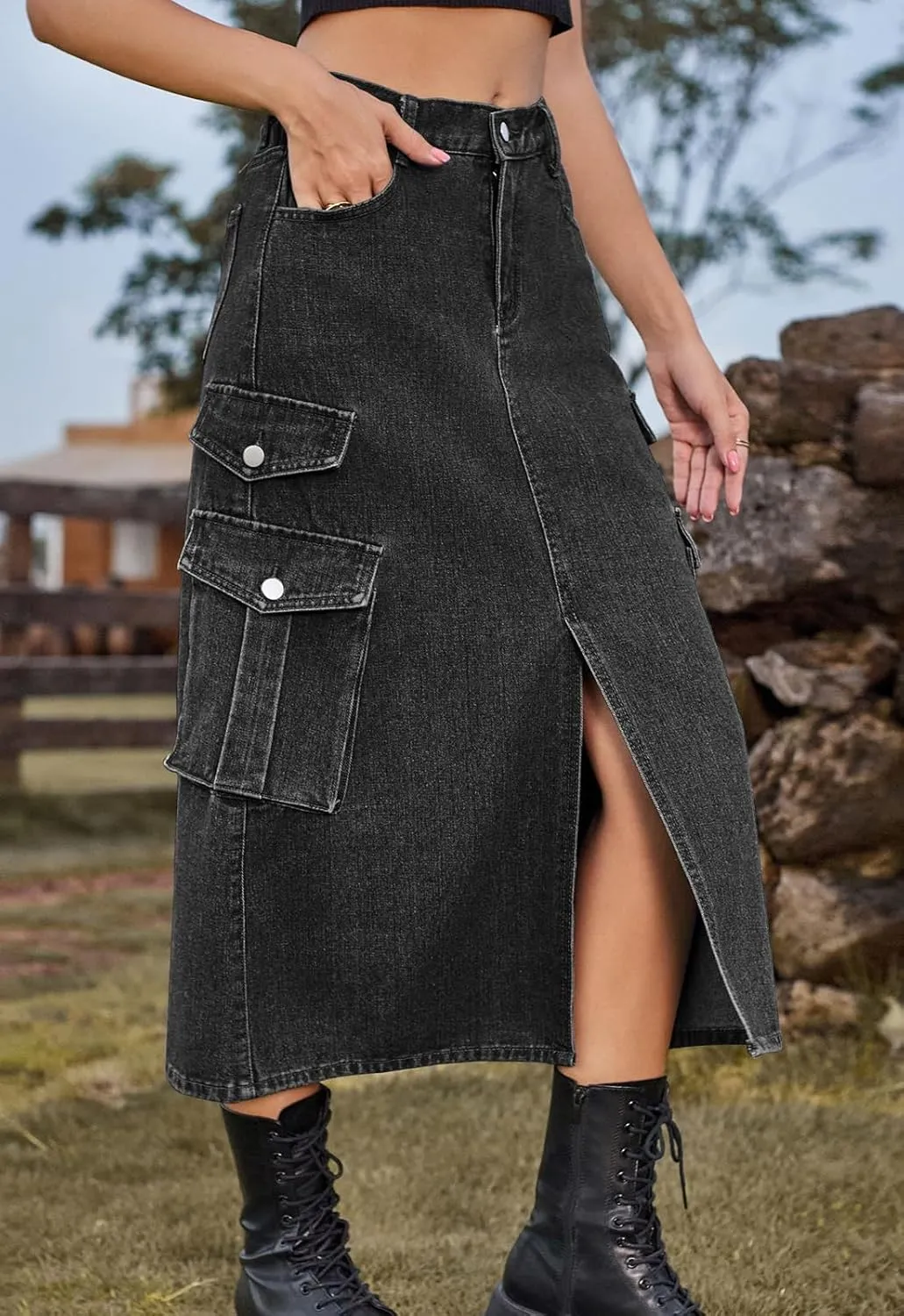 Atditama Women's Twill Cotton Multi-Pocket Cargo Skirt High Rise Elastic Waist Long Denim Skirt with Pockets