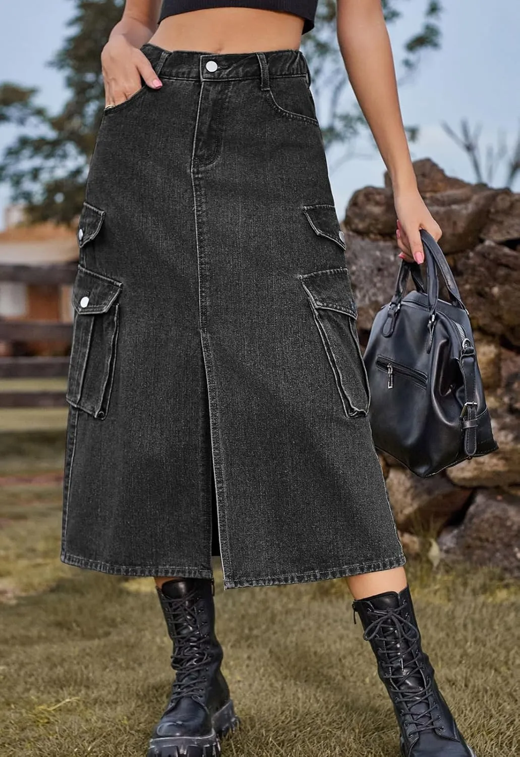 Atditama Women's Twill Cotton Multi-Pocket Cargo Skirt High Rise Elastic Waist Long Denim Skirt with Pockets