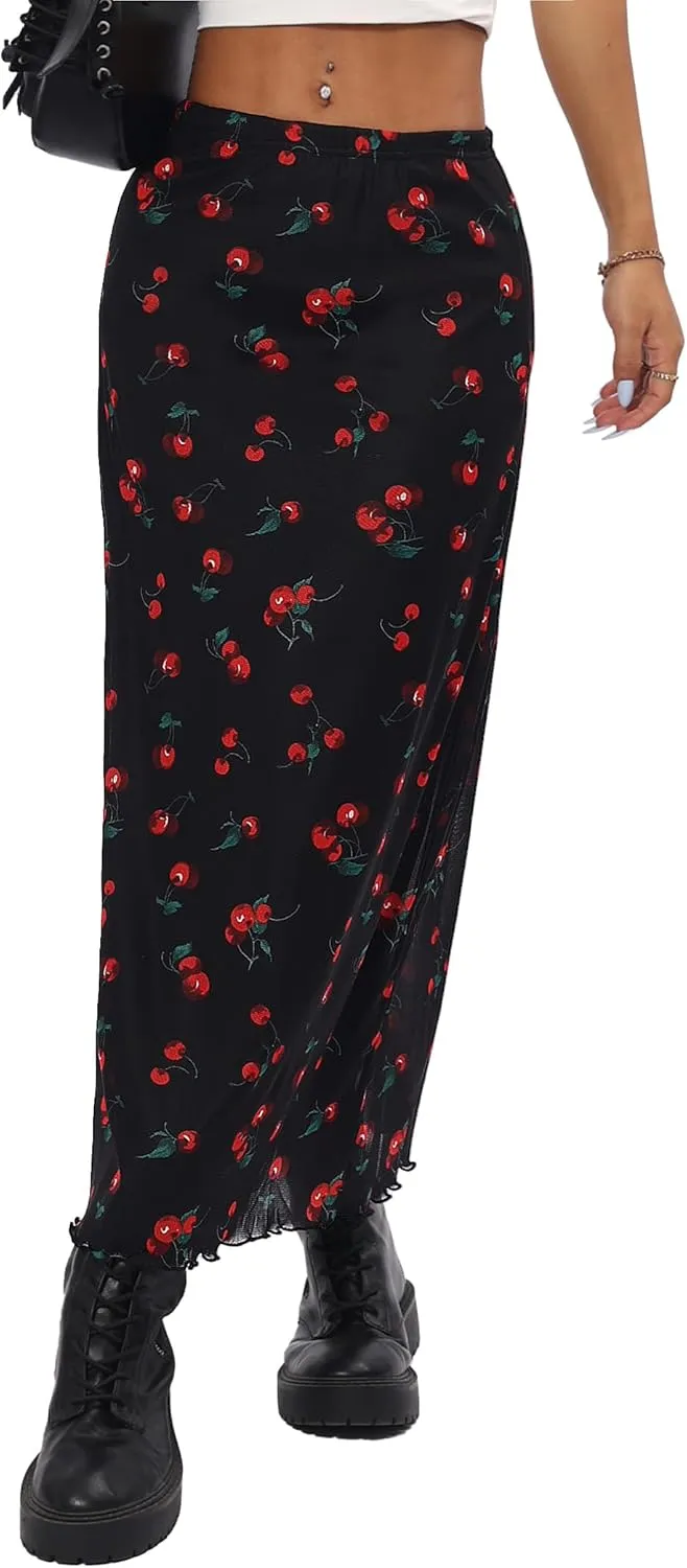 Avanova Women Ditsy Floral Bohemian Mesh Midi Skirt Elastic High Waisted Flowy Summer Long Skirt