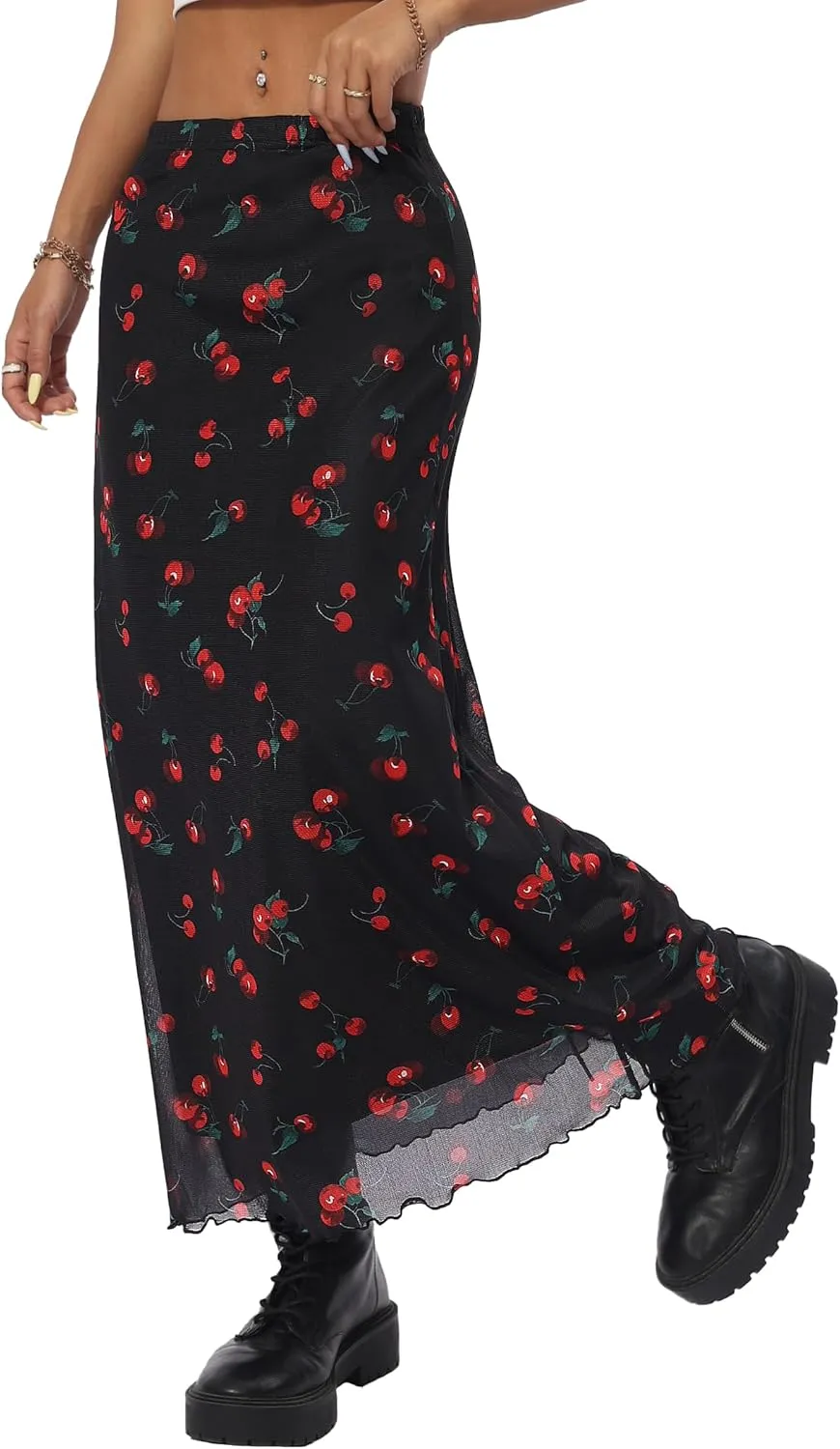 Avanova Women Ditsy Floral Bohemian Mesh Midi Skirt Elastic High Waisted Flowy Summer Long Skirt