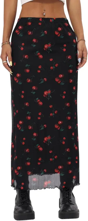 Avanova Women Ditsy Floral Bohemian Mesh Midi Skirt Elastic High Waisted Flowy Summer Long Skirt