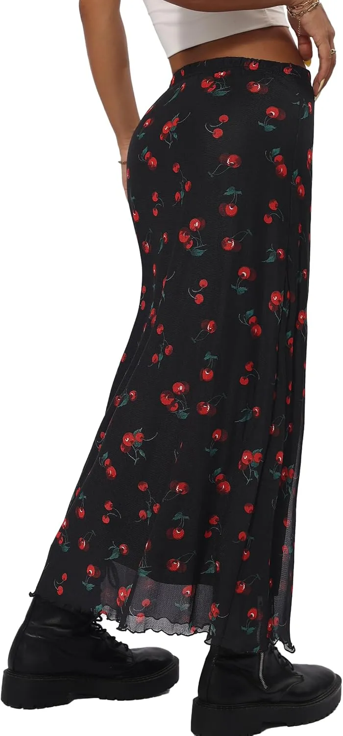 Avanova Women Ditsy Floral Bohemian Mesh Midi Skirt Elastic High Waisted Flowy Summer Long Skirt