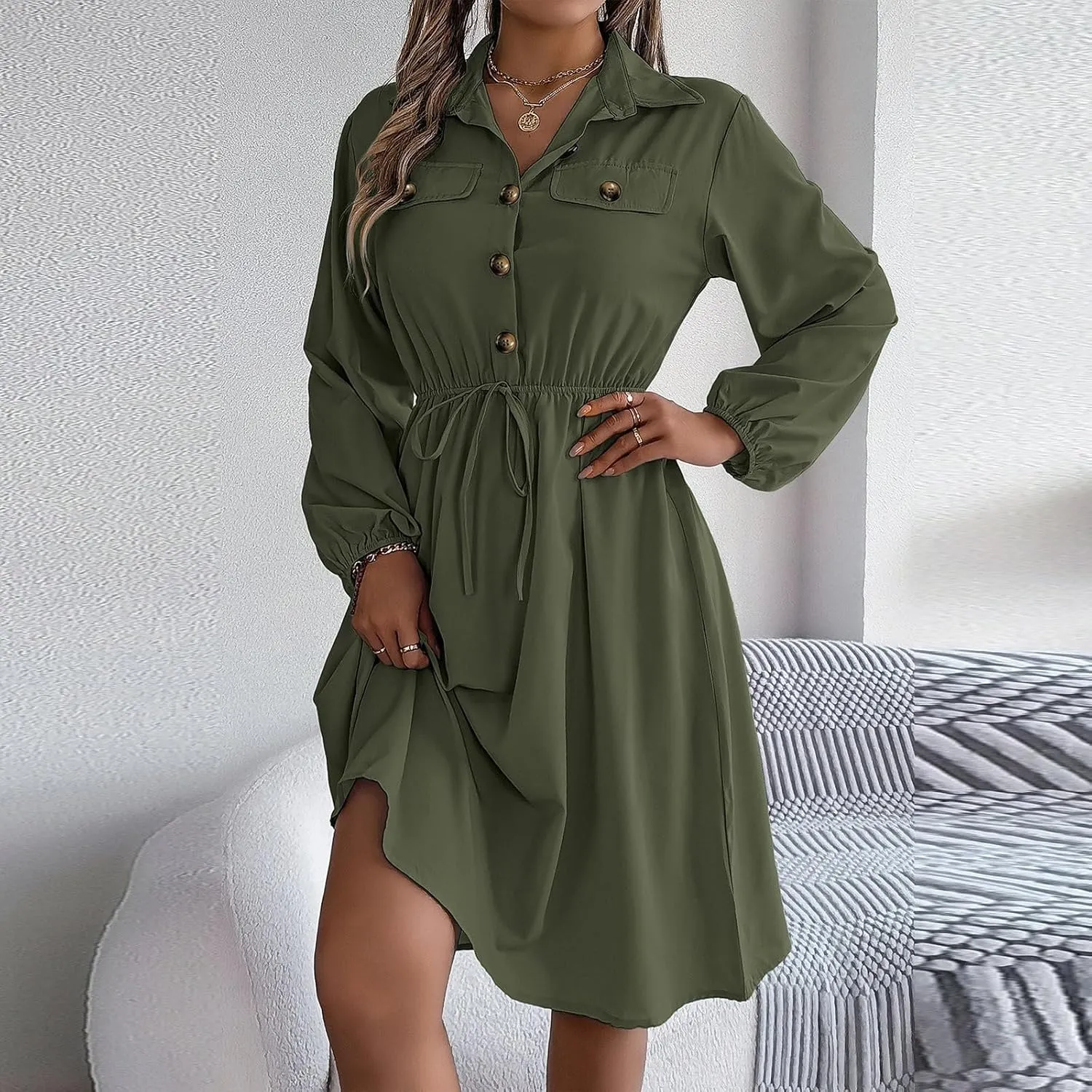 BAXLIMEK Midi Dresses for Women,2025 Spring Elegant Trendy Long Sleeve Dress Flowy Pleated A Line Vacation Dress Work Outfits