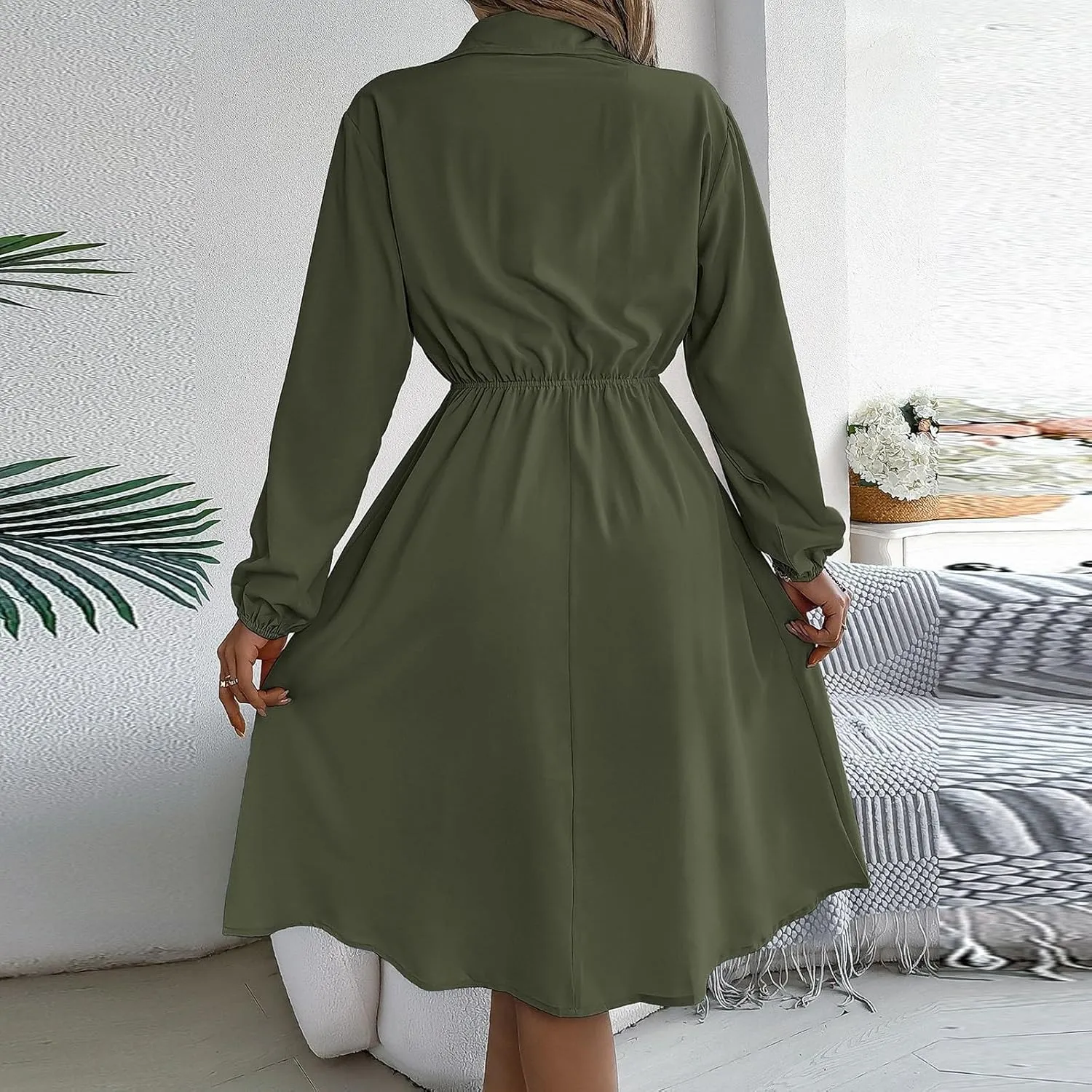 BAXLIMEK Midi Dresses for Women,2025 Spring Elegant Trendy Long Sleeve Dress Flowy Pleated A Line Vacation Dress Work Outfits