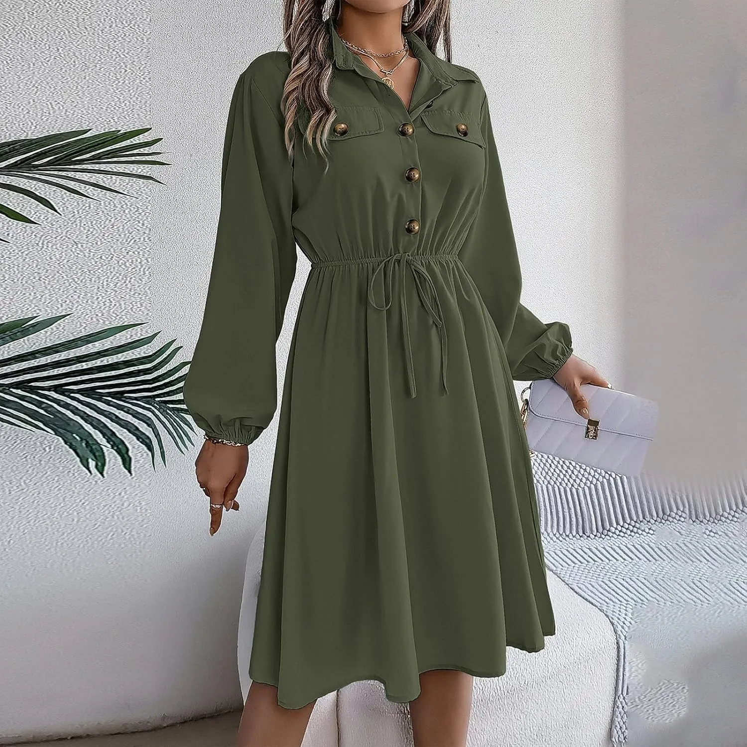 BAXLIMEK Midi Dresses for Women,2025 Spring Elegant Trendy Long Sleeve Dress Flowy Pleated A Line Vacation Dress Work Outfits