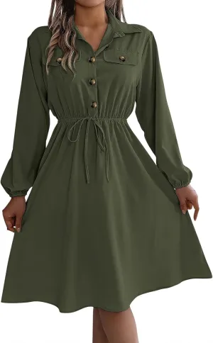 BAXLIMEK Midi Dresses for Women,2025 Spring Elegant Trendy Long Sleeve Dress Flowy Pleated A Line Vacation Dress Work Outfits
