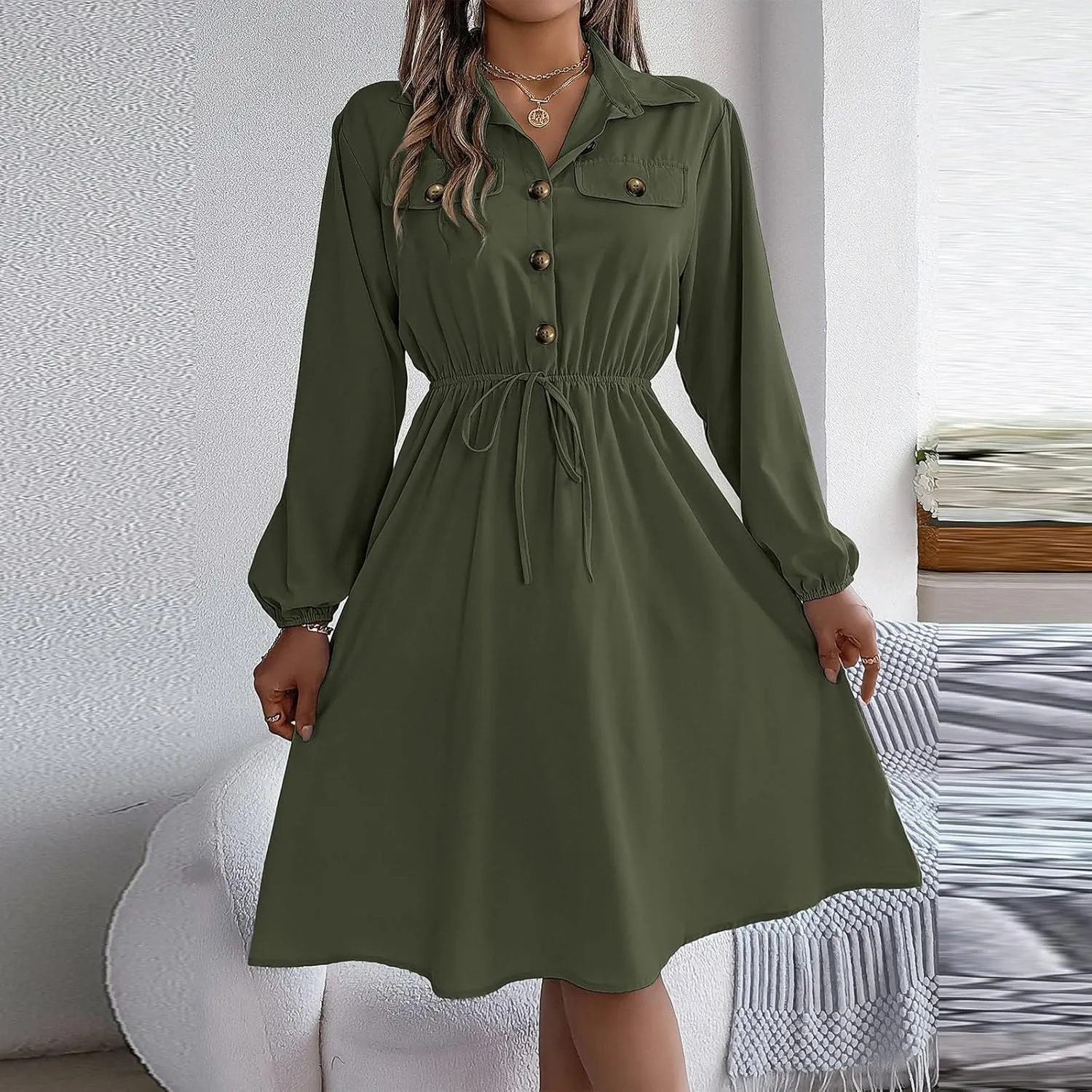BAXLIMEK Midi Dresses for Women,2025 Spring Elegant Trendy Long Sleeve Dress Flowy Pleated A Line Vacation Dress Work Outfits