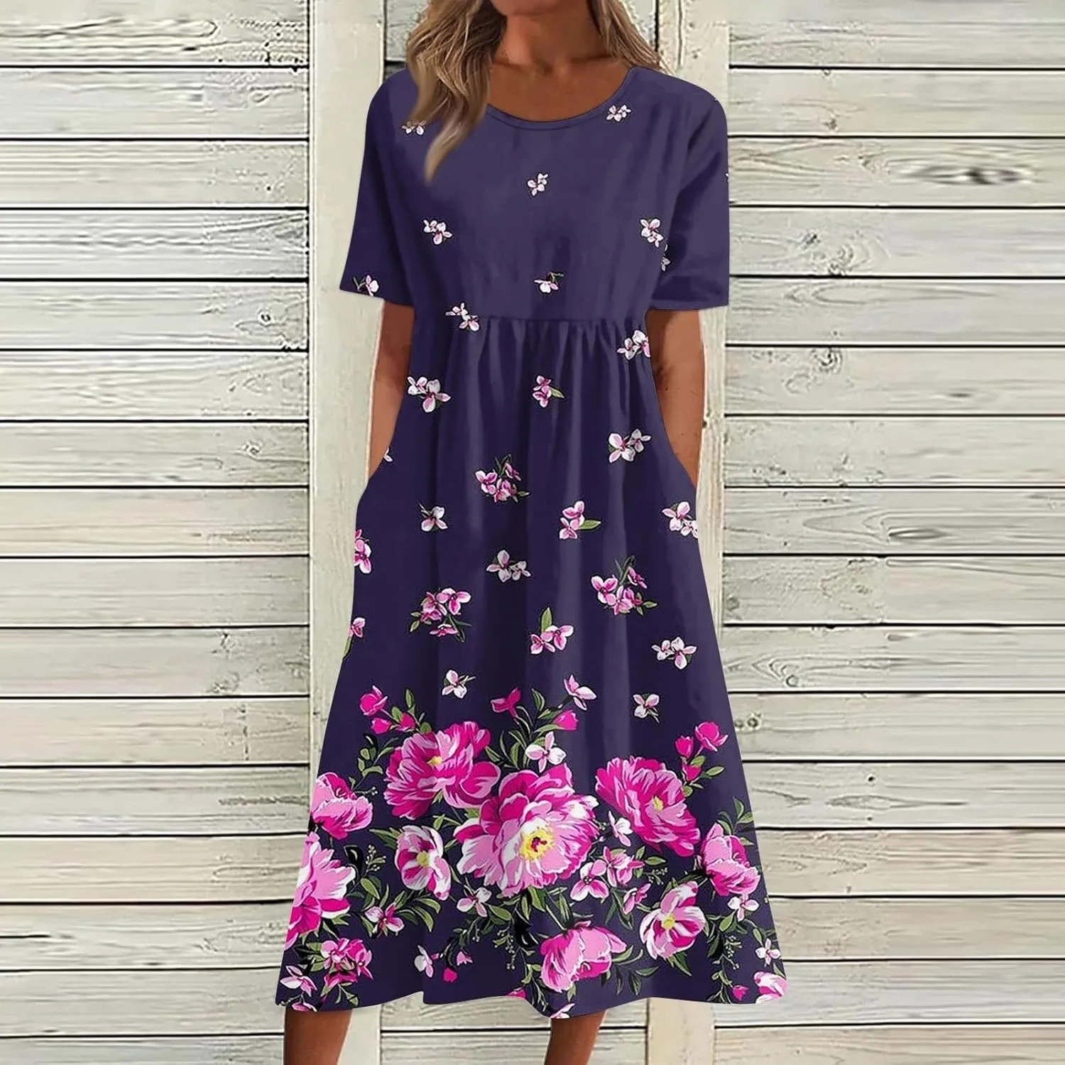 Beach Dresses for Women 2024 Summer Plus Size Short Sleeve Basic Dresses Print O Neck Flowy Dress with Pockets