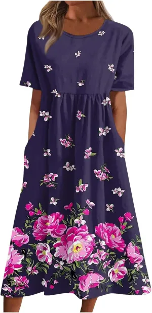 Beach Dresses for Women 2024 Summer Plus Size Short Sleeve Basic Dresses Print O Neck Flowy Dress with Pockets