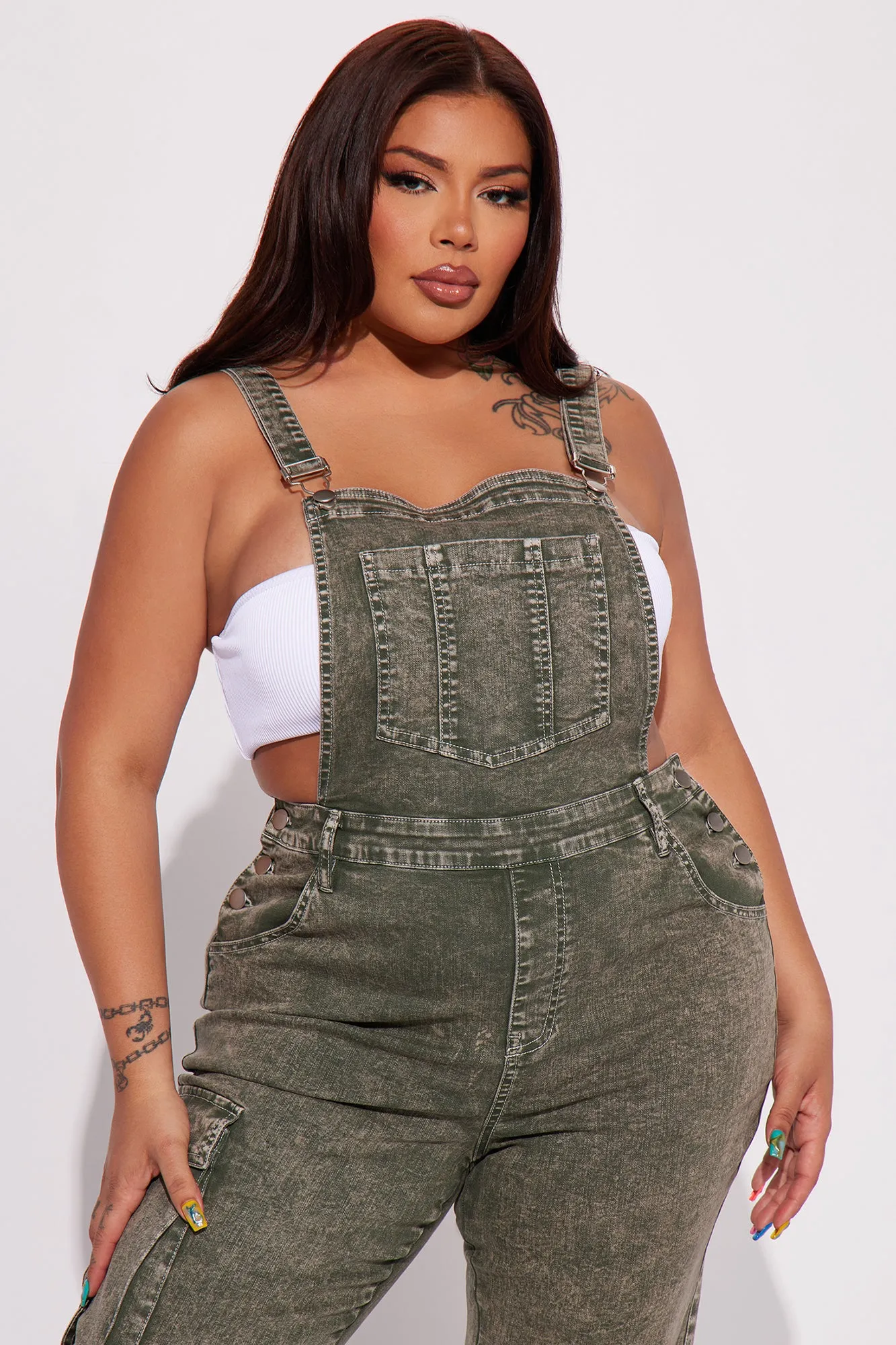Been There Before Cargo Non Stretch Denim Overalls - Green