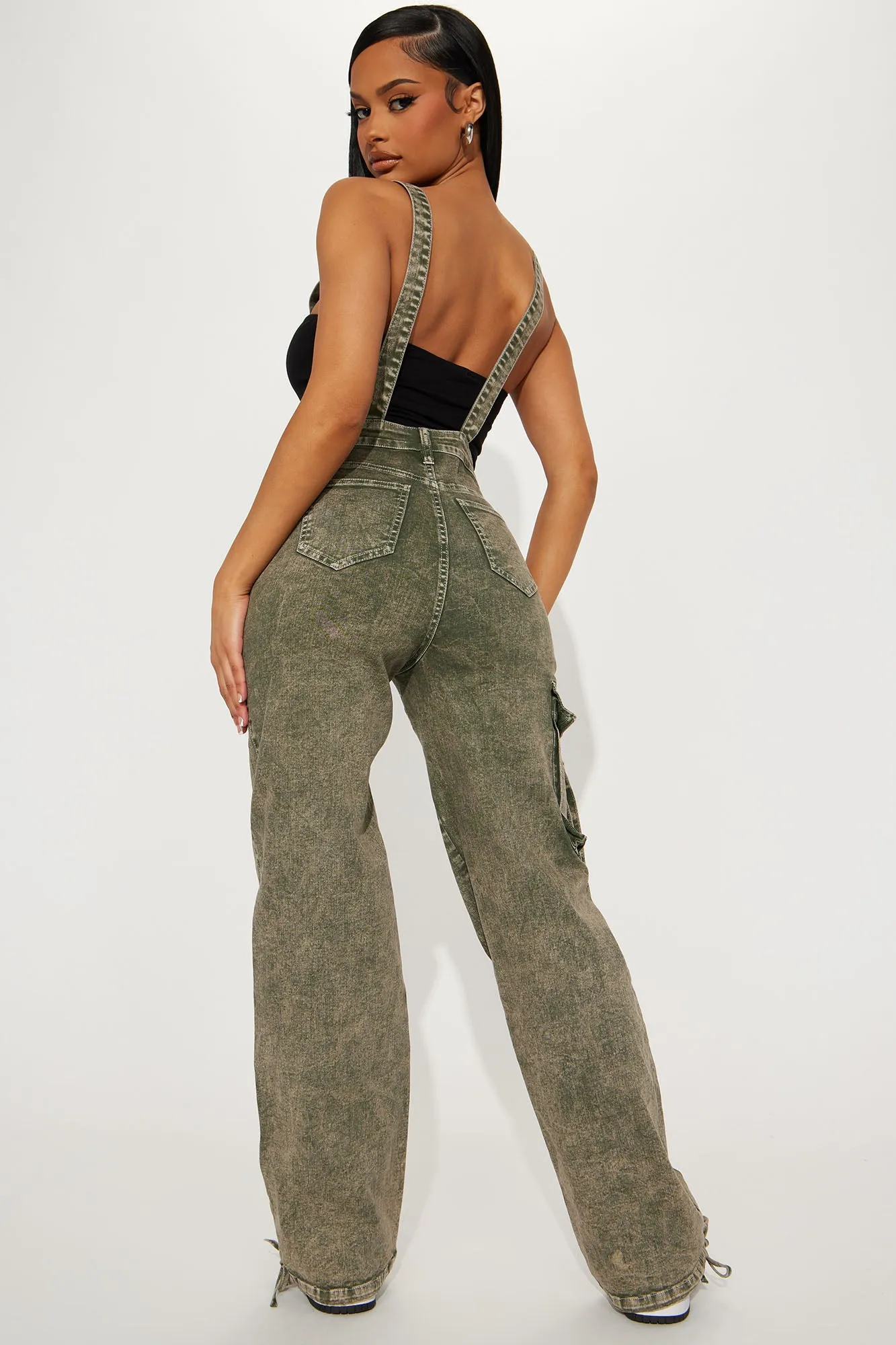 Been There Before Cargo Non Stretch Denim Overalls - Green