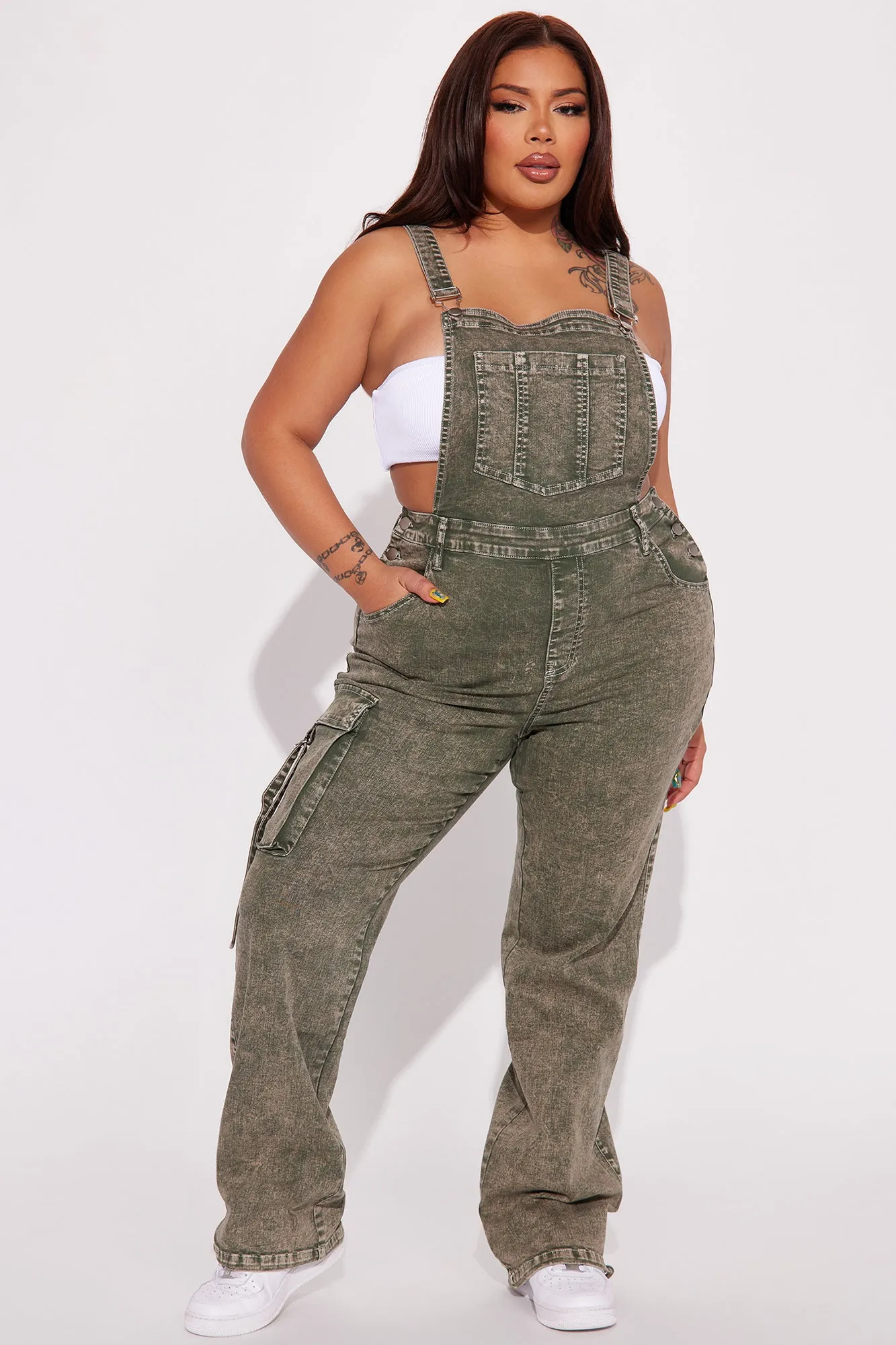 Been There Before Cargo Non Stretch Denim Overalls - Green