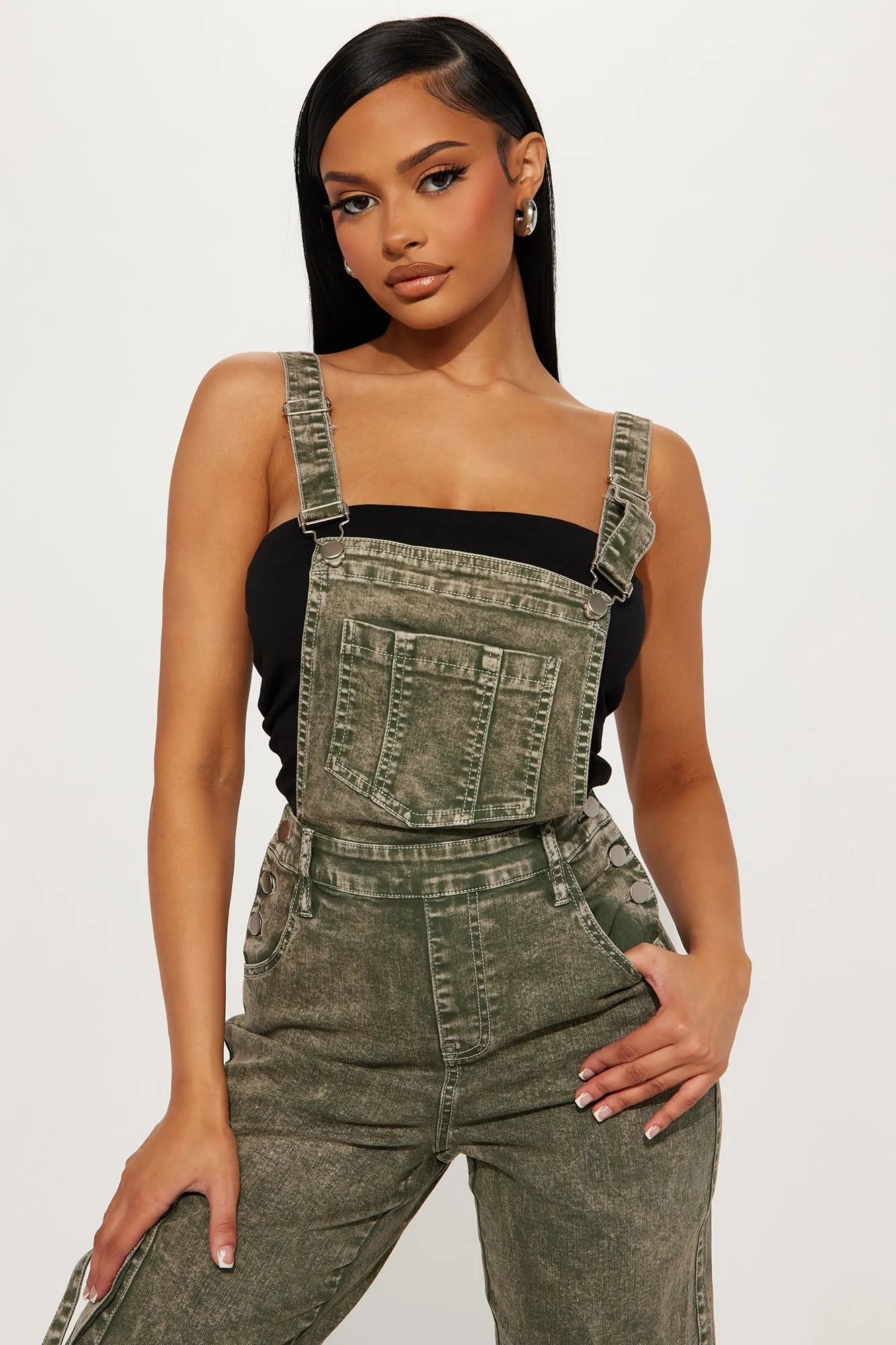 Been There Before Cargo Non Stretch Denim Overalls - Green