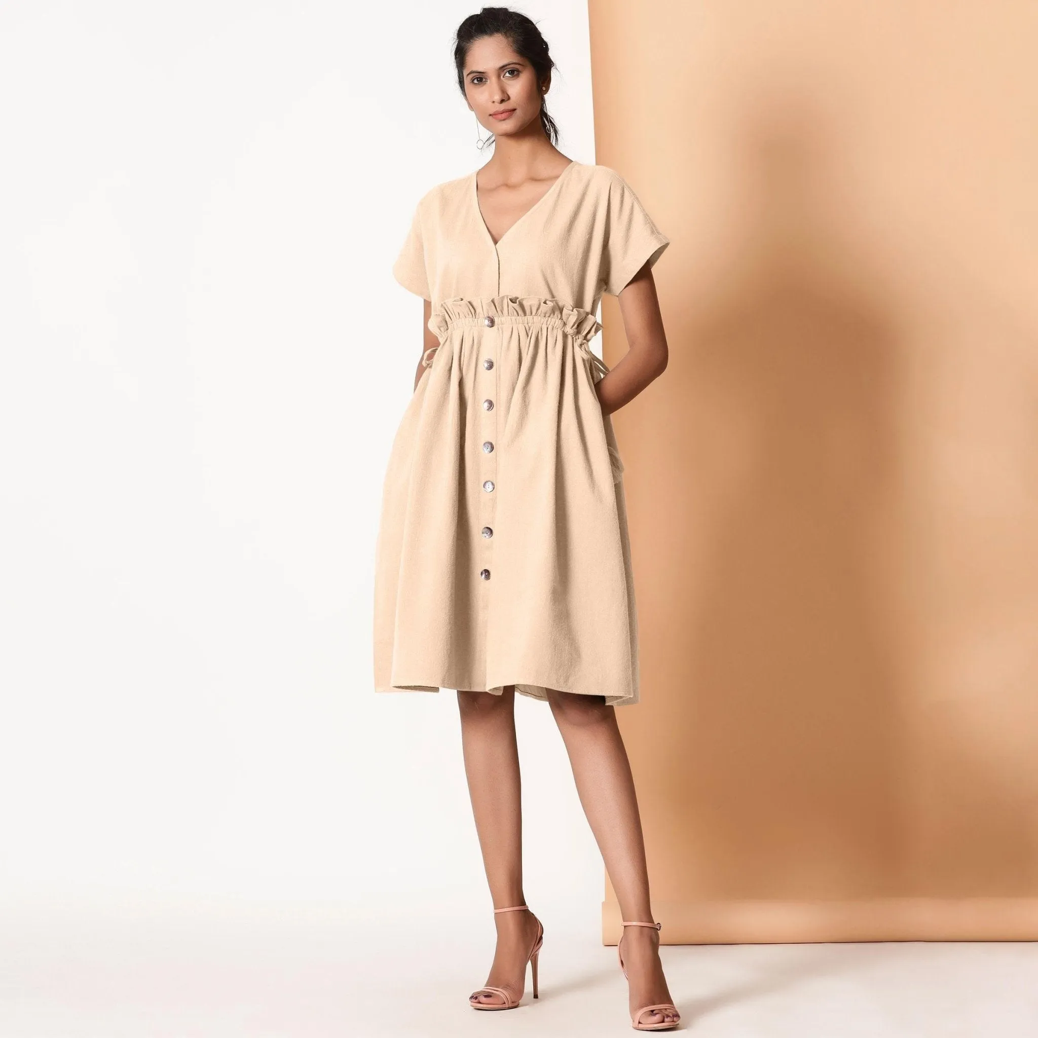 Beige Warm Cotton Flannel Knee Length Frilled Dress