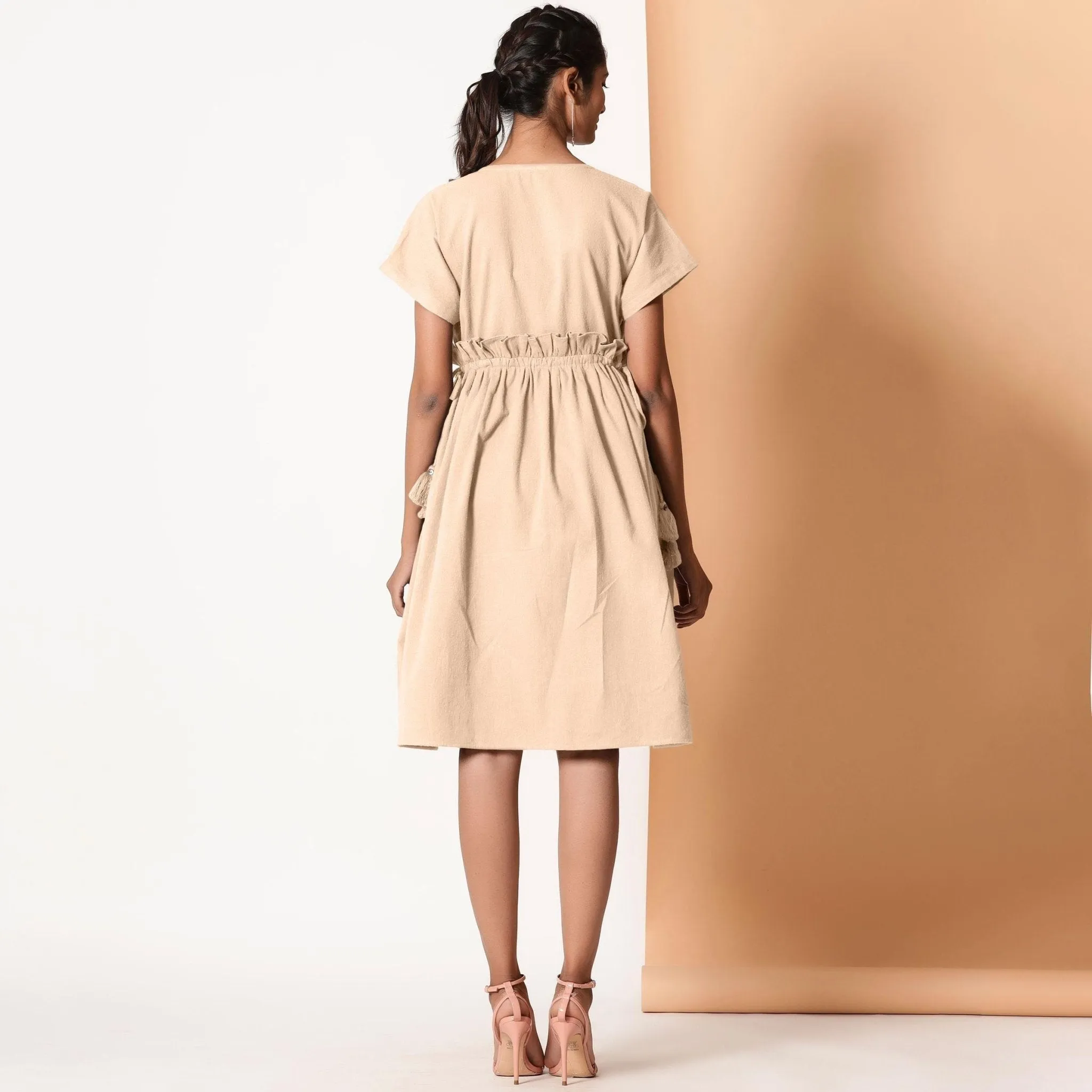 Beige Warm Cotton Flannel Knee Length Frilled Dress