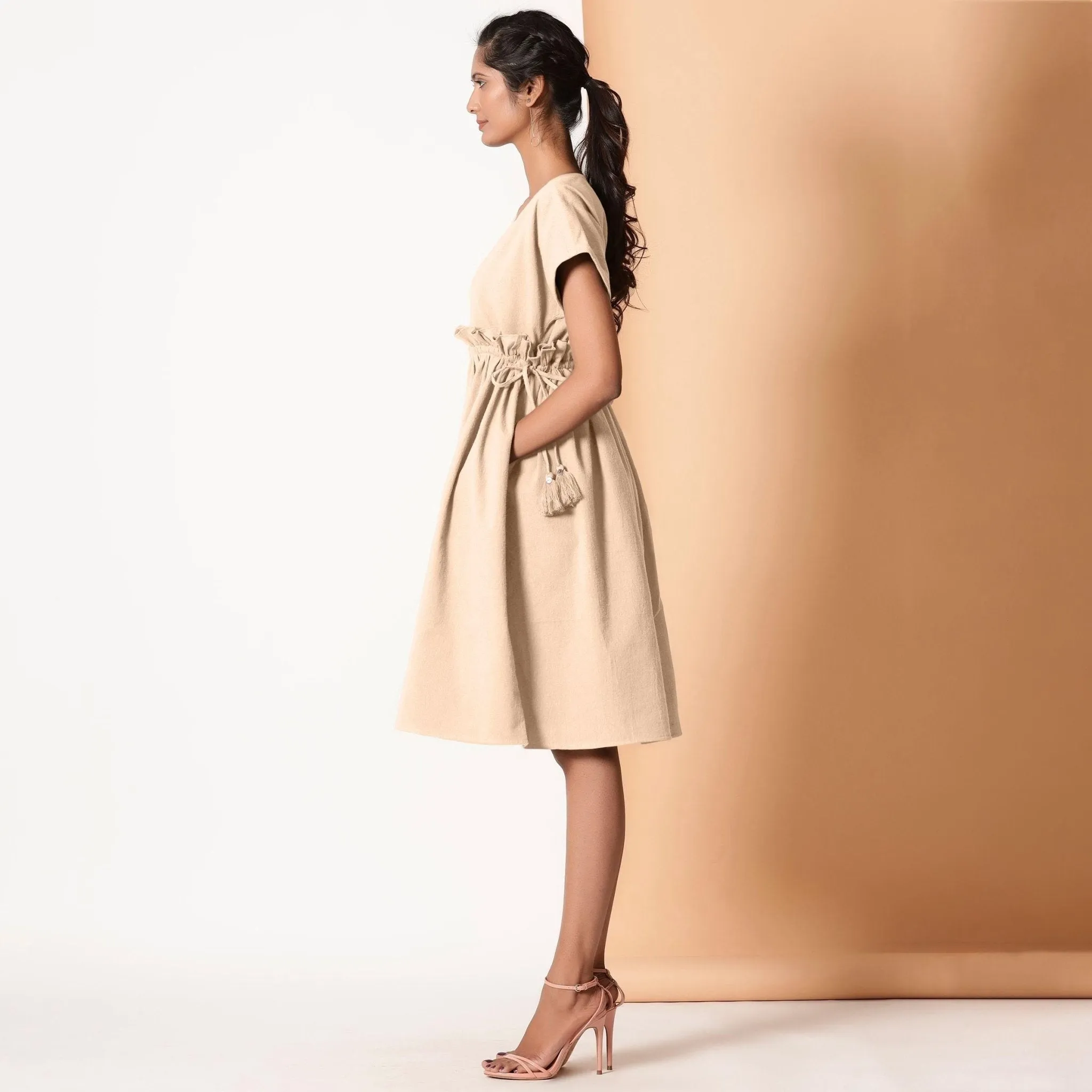 Beige Warm Cotton Flannel Knee Length Frilled Dress