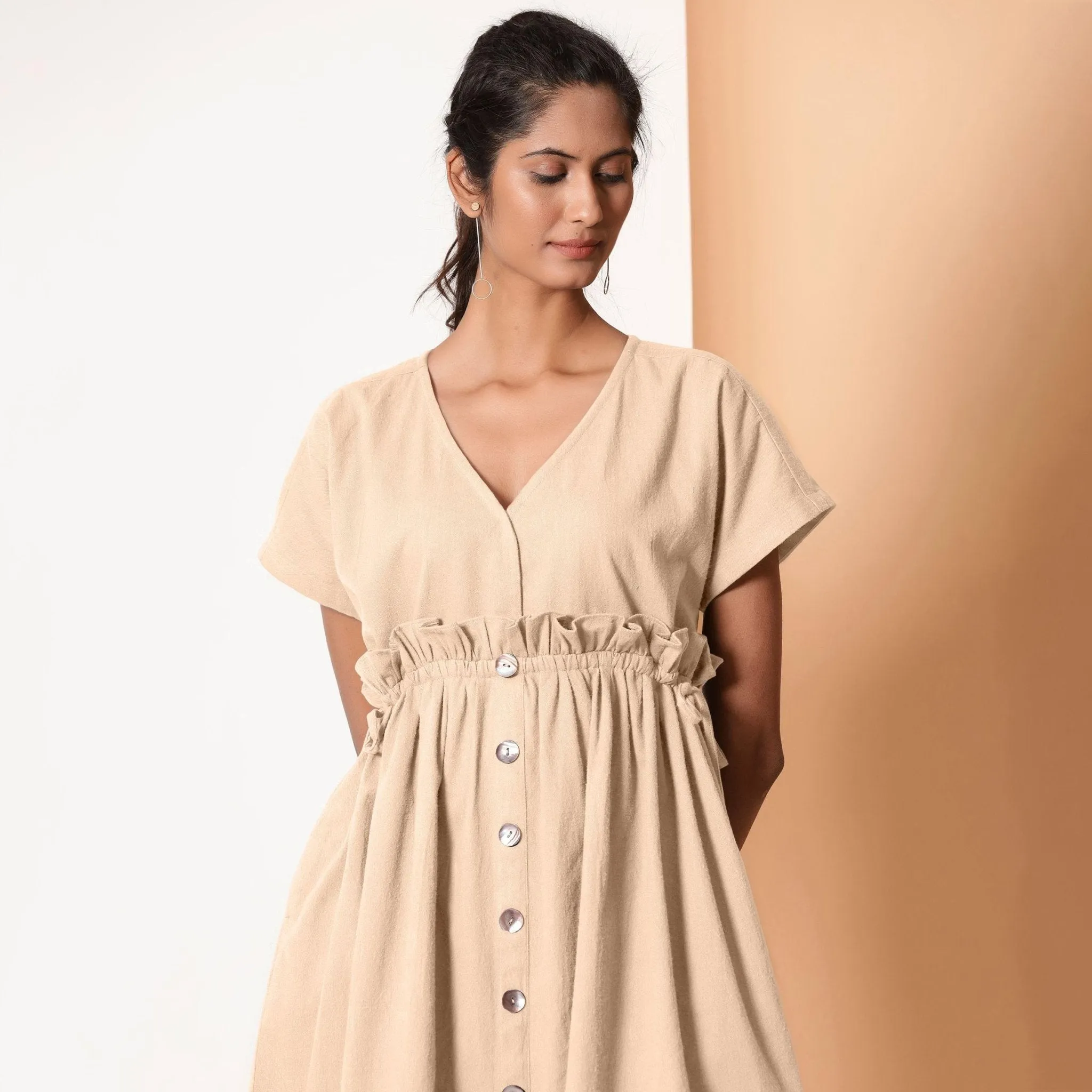 Beige Warm Cotton Flannel Knee Length Frilled Dress