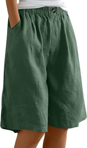 Bermuda Linen Shorts for Women Summer Wide Leg Knee Length High Waisted Shorts Casual Workout Long Short with Pockets