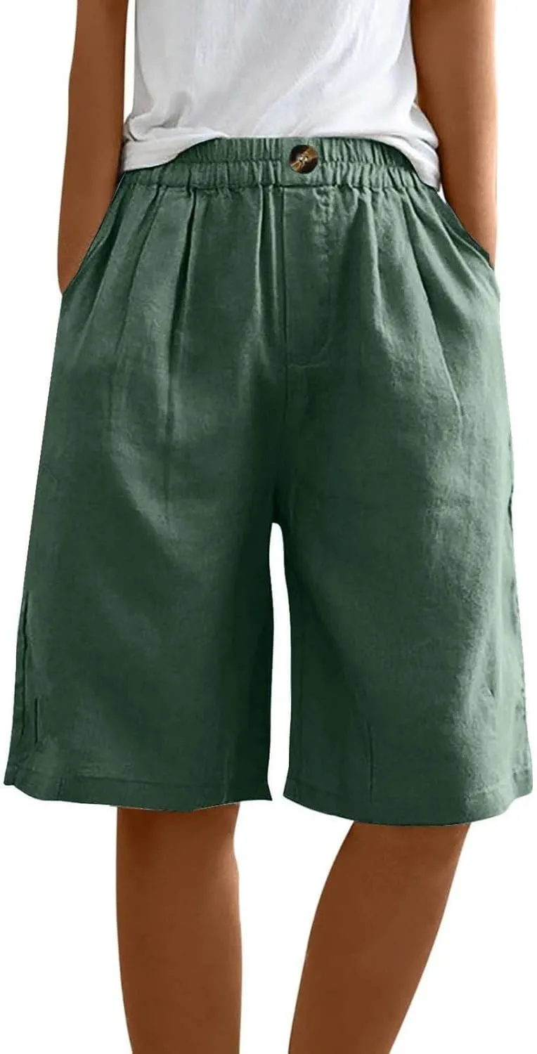 Bermuda Linen Shorts for Women Summer Wide Leg Knee Length High Waisted Shorts Casual Workout Long Short with Pockets