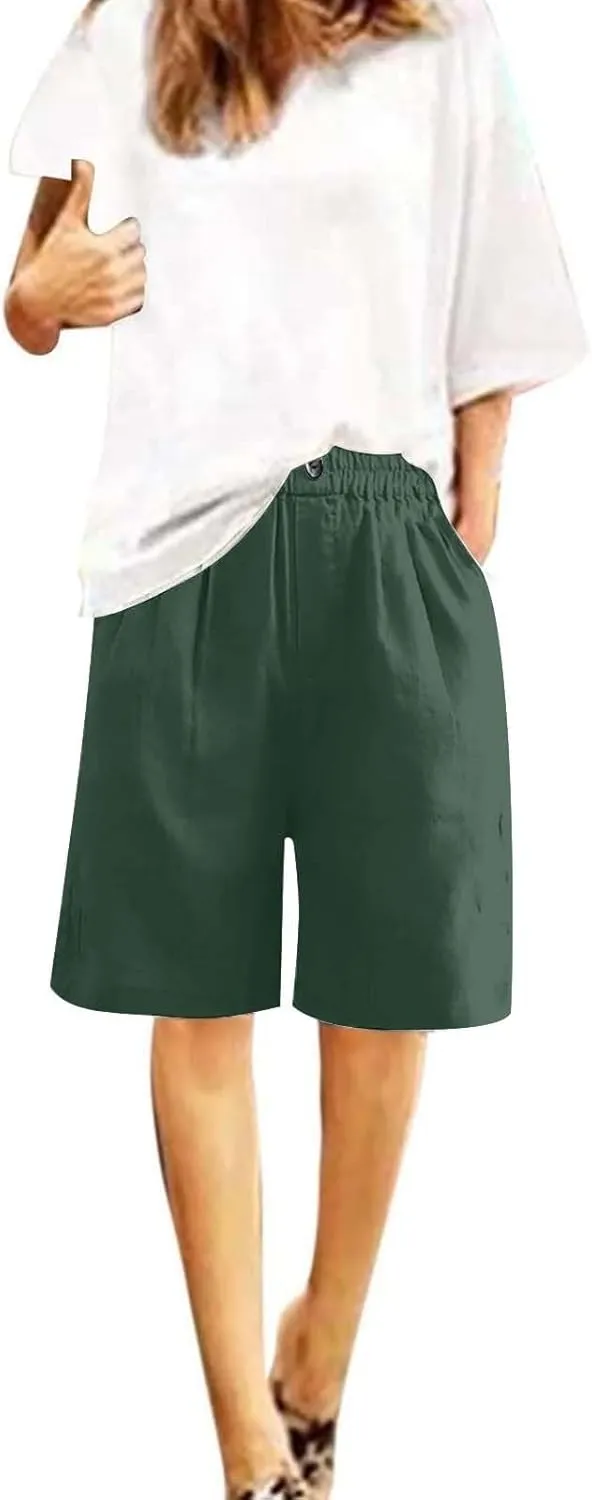 Bermuda Linen Shorts for Women Summer Wide Leg Knee Length High Waisted Shorts Casual Workout Long Short with Pockets