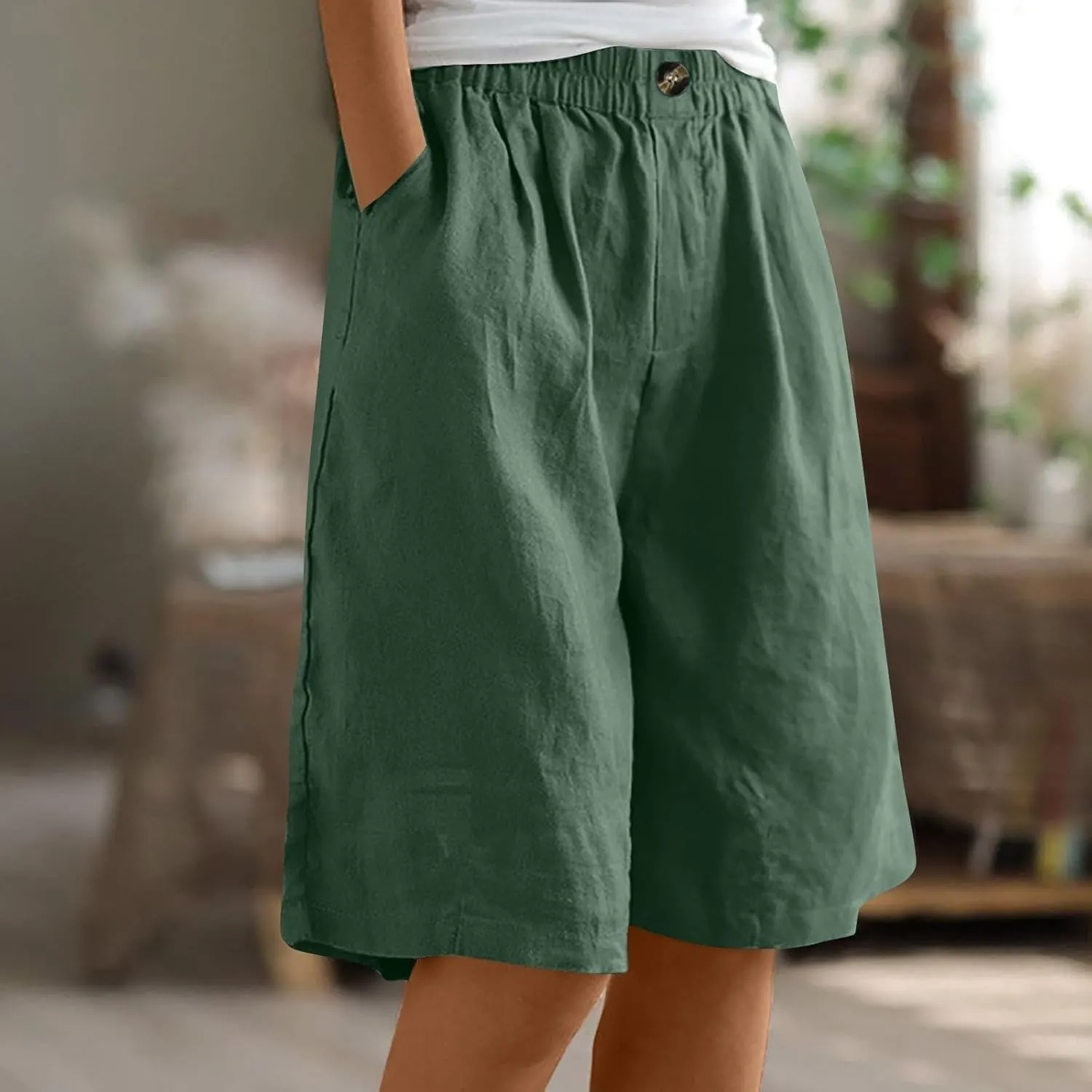 Bermuda Linen Shorts for Women Summer Wide Leg Knee Length High Waisted Shorts Casual Workout Long Short with Pockets