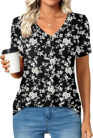 Bestbee Women's Plus Size Short Sleeve Blouses Summer Casual Loose Fit Tops V Neck Tunics