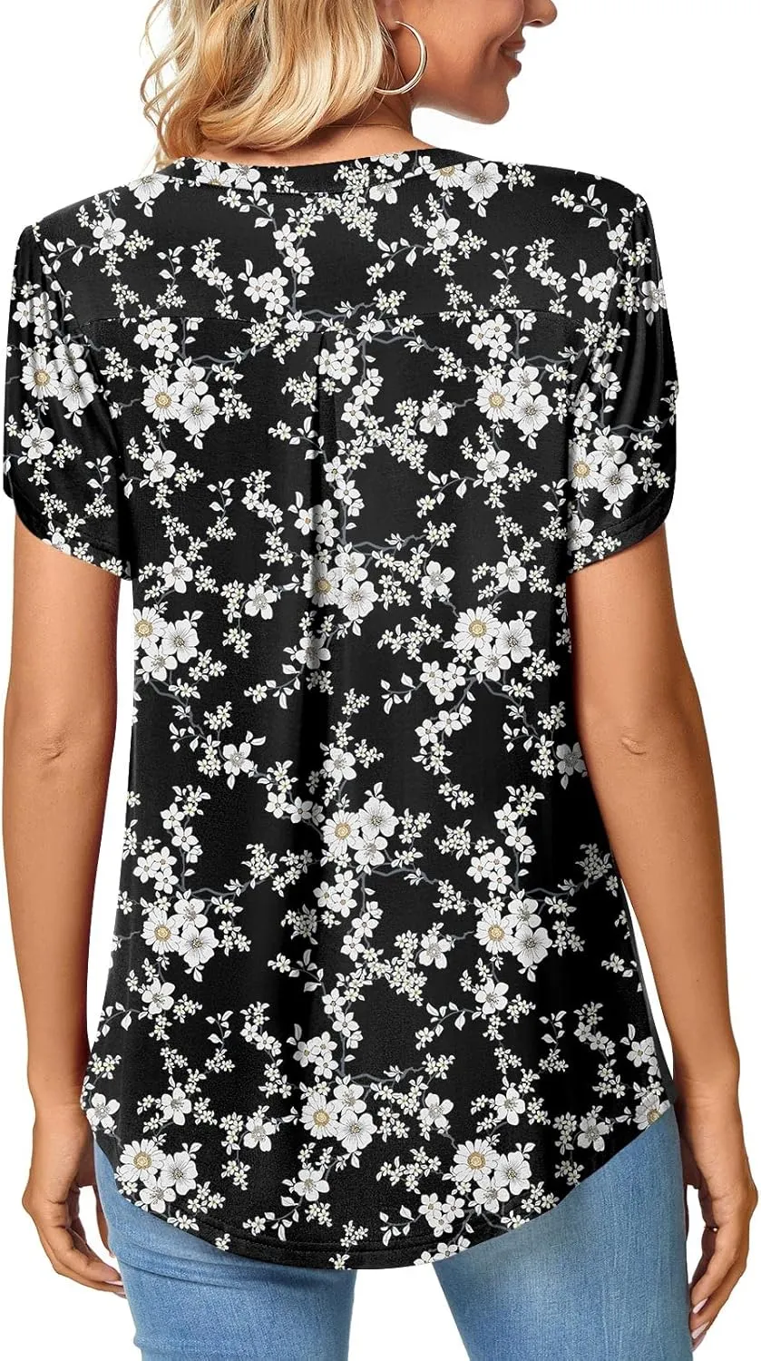 Bestbee Women's Plus Size Short Sleeve Blouses Summer Casual Loose Fit Tops V Neck Tunics