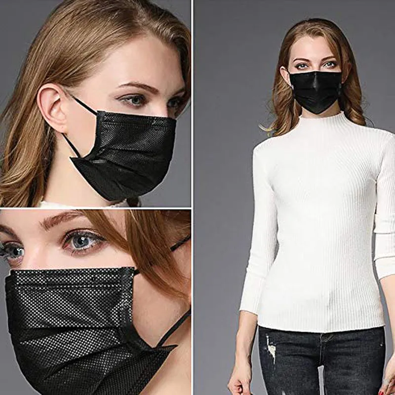 Black Disposable Face Masks 50PCS 3 Ply Breathable Filter Protection