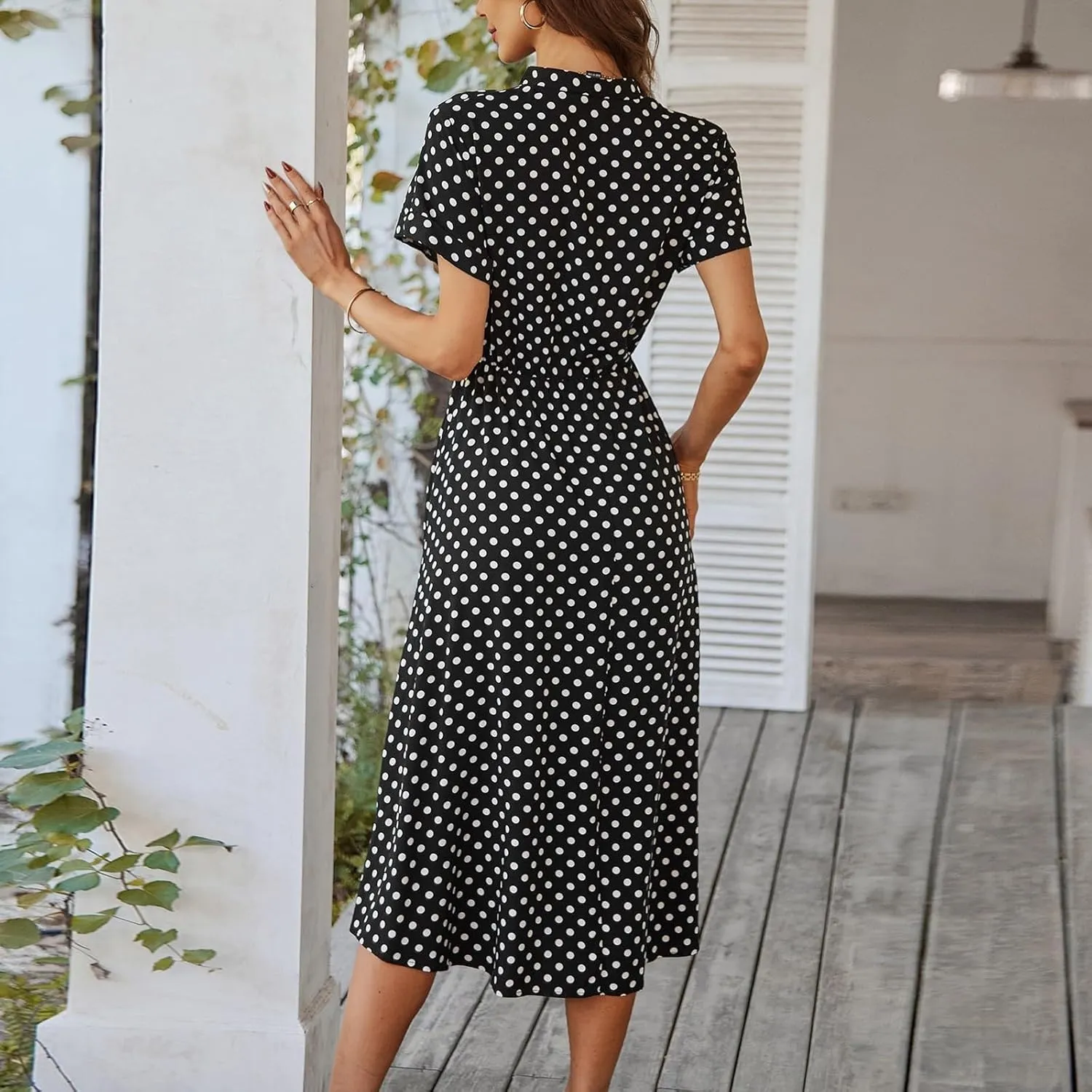 Boho Dresses for Women 2025 Summer Polka Dot Short Sleeve V Neck Button Down Midi Dresses Formal Long Dress